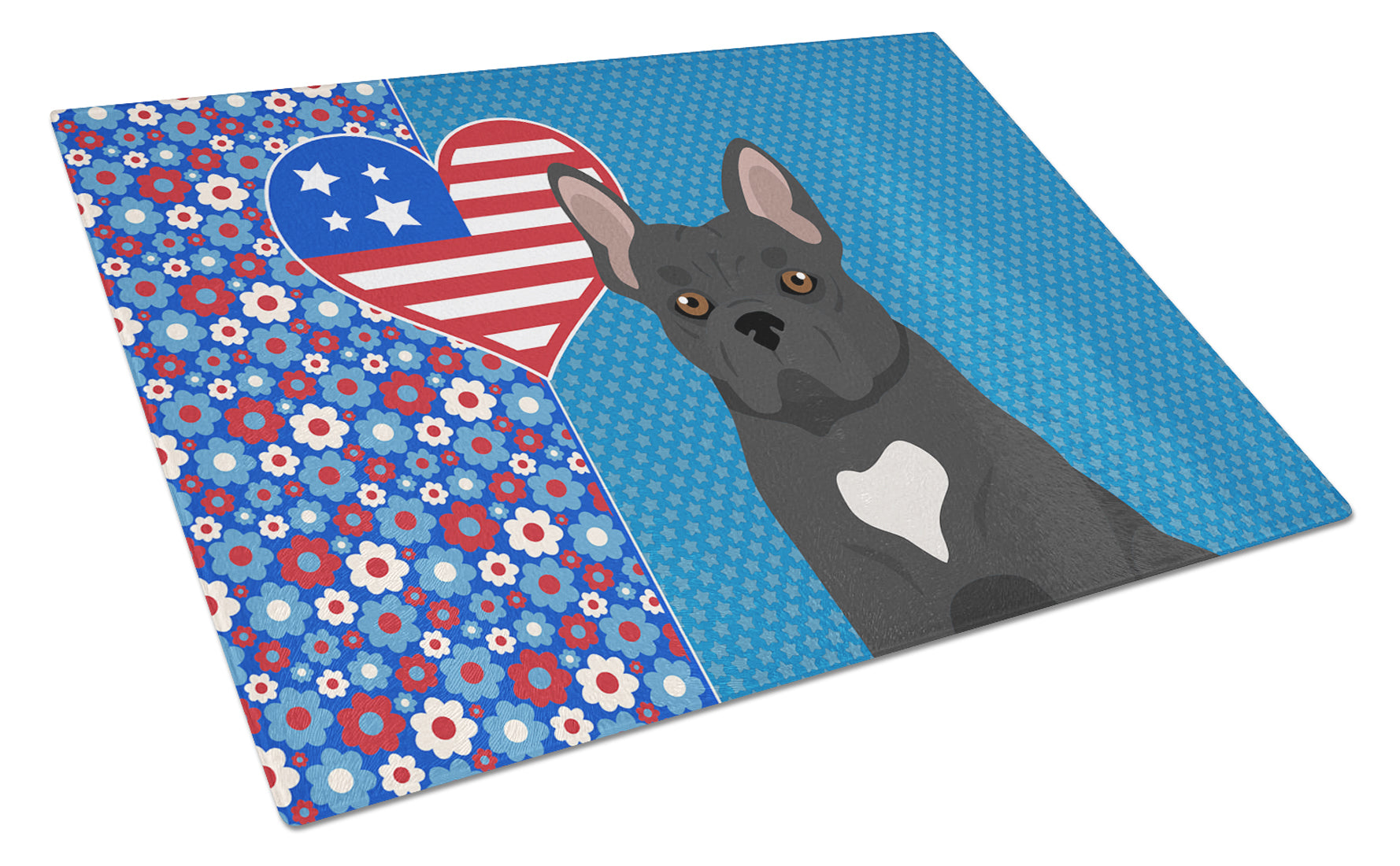 Black French Bulldog USA American Cutting Board Tempered Glass Kitchen Cutting Surface, Heat Resistant Chopping, Non-Slip Feet, Food Prep & Serving