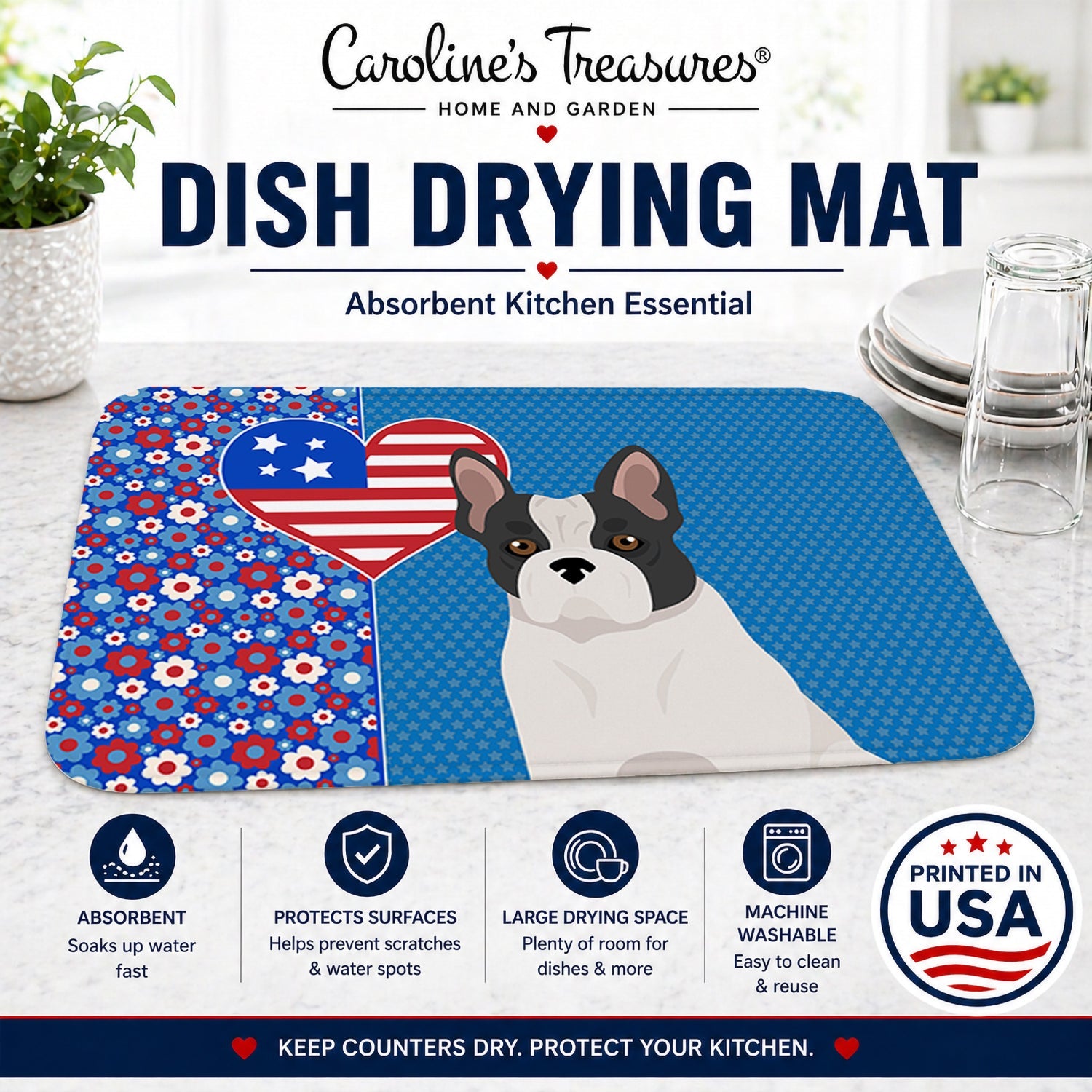 Black and White French Bulldog USA American Dish Drying Mat Absorbent Dish Drying Mat Pad for Kitchen Counter Dish Drainer Mat for Countertop, 14 x 21", Multicolor