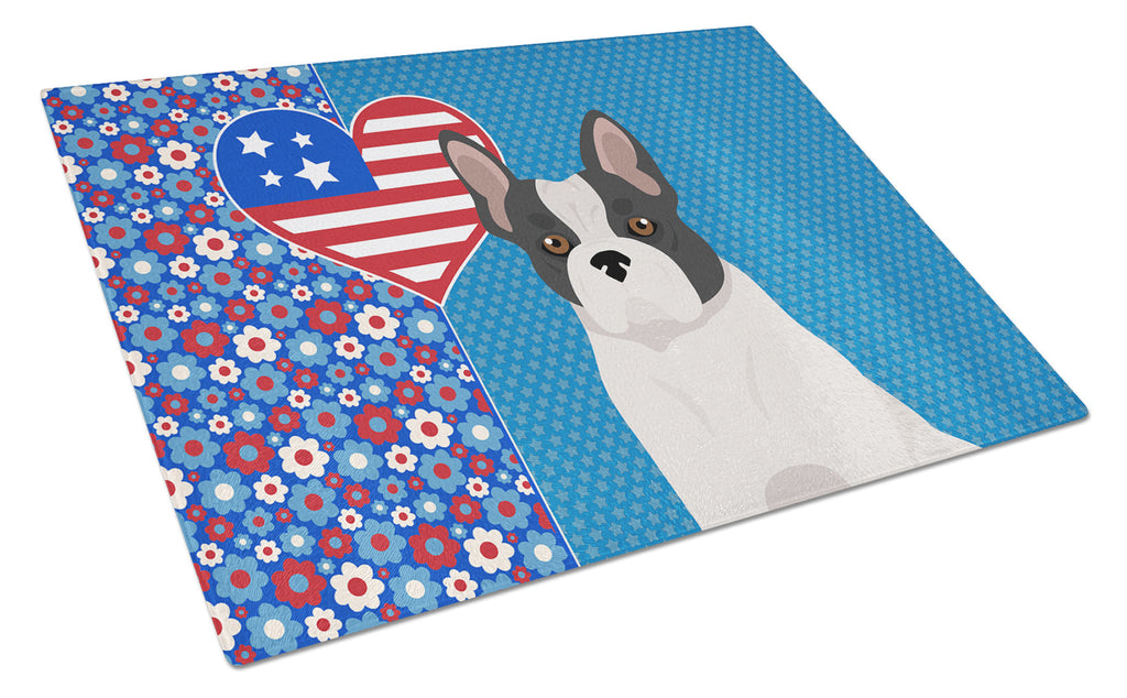 Black and White French Bulldog USA American Cutting Board Tempered Glass Kitchen Cutting Surface, Heat Resistant Chopping, Non-Slip Feet, Food Prep & Serving