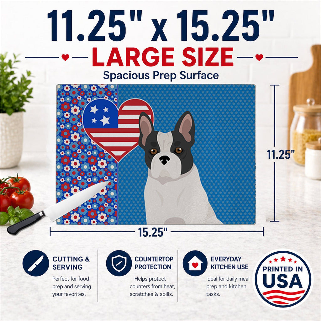 Black and White French Bulldog USA American Cutting Board Tempered Glass Kitchen Cutting Surface, Heat Resistant Chopping, Non-Slip Feet, Food Prep & Serving