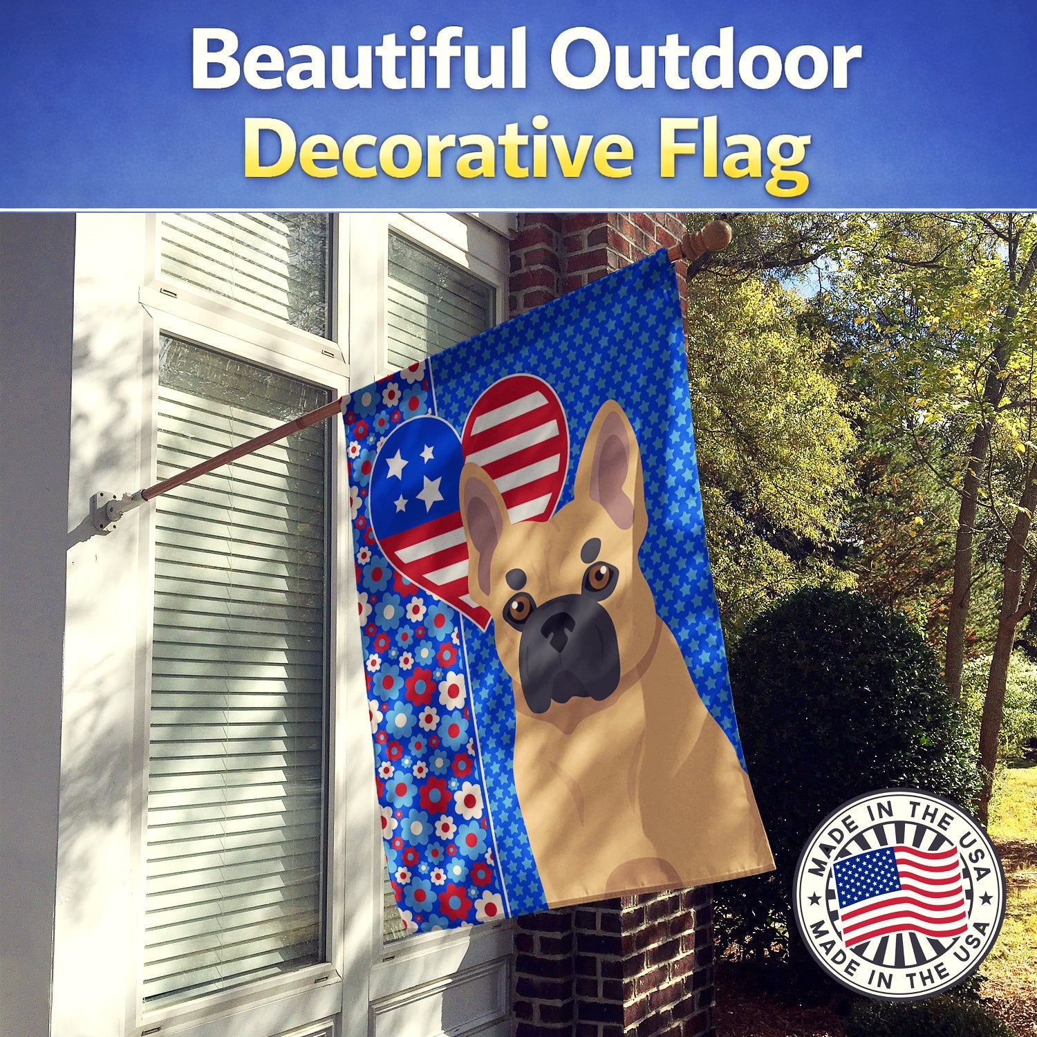 Fawn French Bulldog USA American House Flag 28x40 Porch Sleeve Pole Decorative Outside Yard Banner Artwork Wall Hanging, Polyester