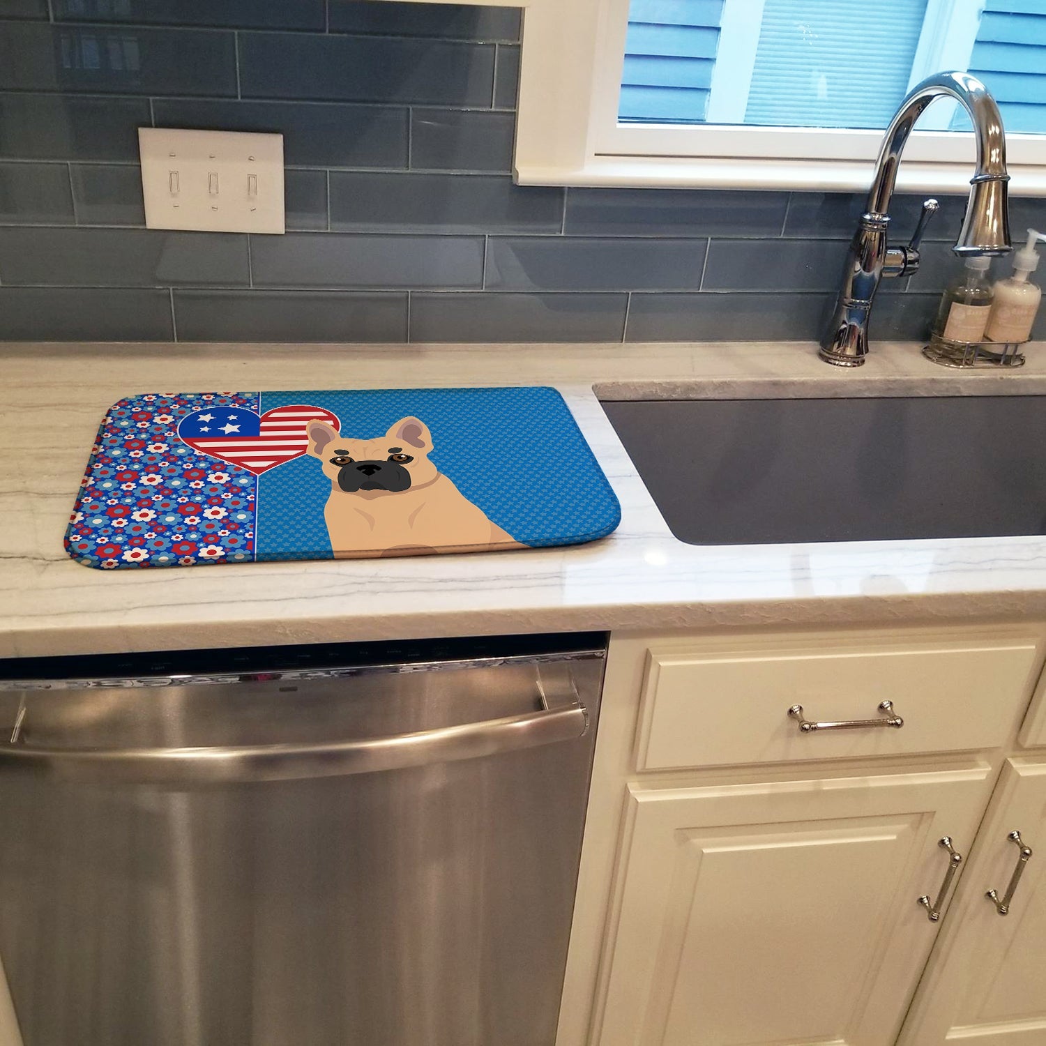 Fawn French Bulldog USA American Dish Drying Mat Absorbent Dish Drying Mat Pad for Kitchen Counter Dish Drainer Mat for Countertop, 14 x 21", Multicolor