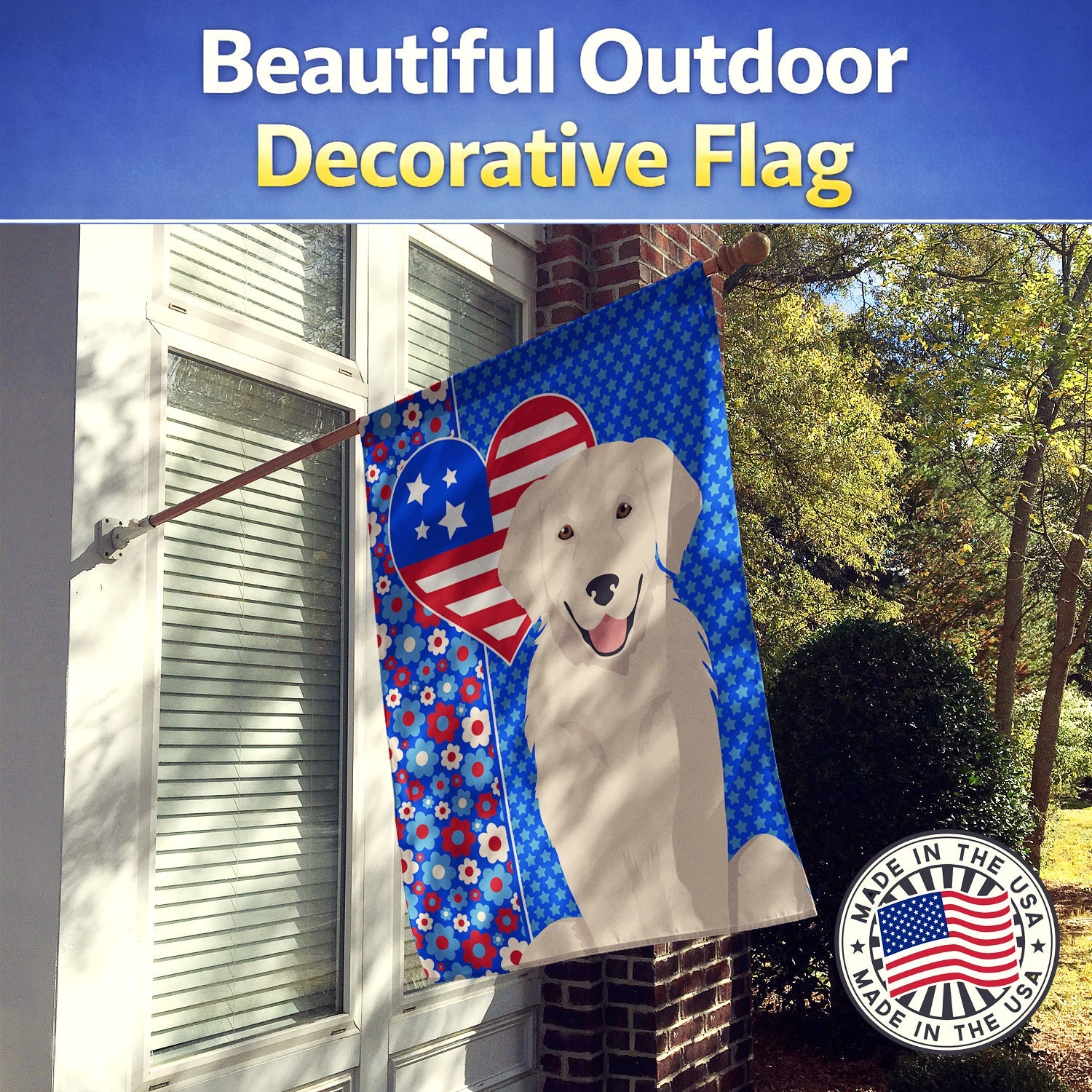 Cream Golden Retriever USA American House Flag 28x40 Porch Sleeve Pole Decorative Outside Yard Banner Artwork Wall Hanging, Polyester