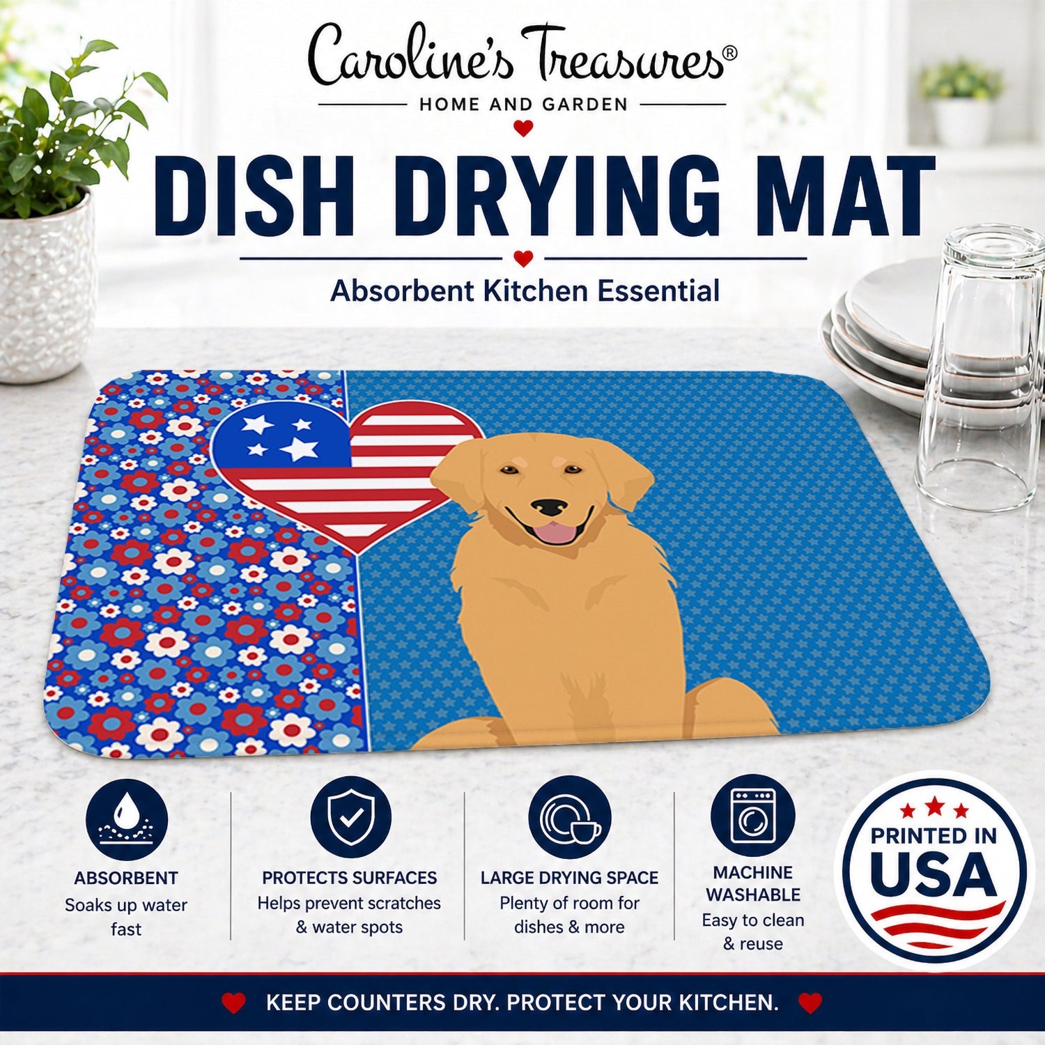 Gold Golden Retriever USA American Dish Drying Mat Absorbent Dish Drying Mat Pad for Kitchen Counter Dish Drainer Mat for Countertop, 14 x 21", Multicolor