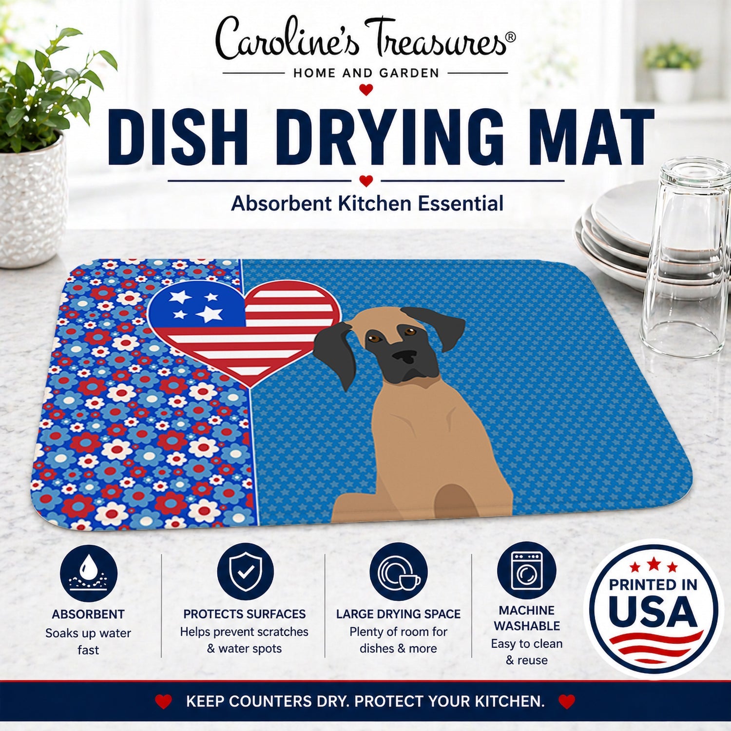 Fawn Great Dane USA American Dish Drying Mat Absorbent Dish Drying Mat Pad for Kitchen Counter Dish Drainer Mat for Countertop, 14 x 21", Multicolor