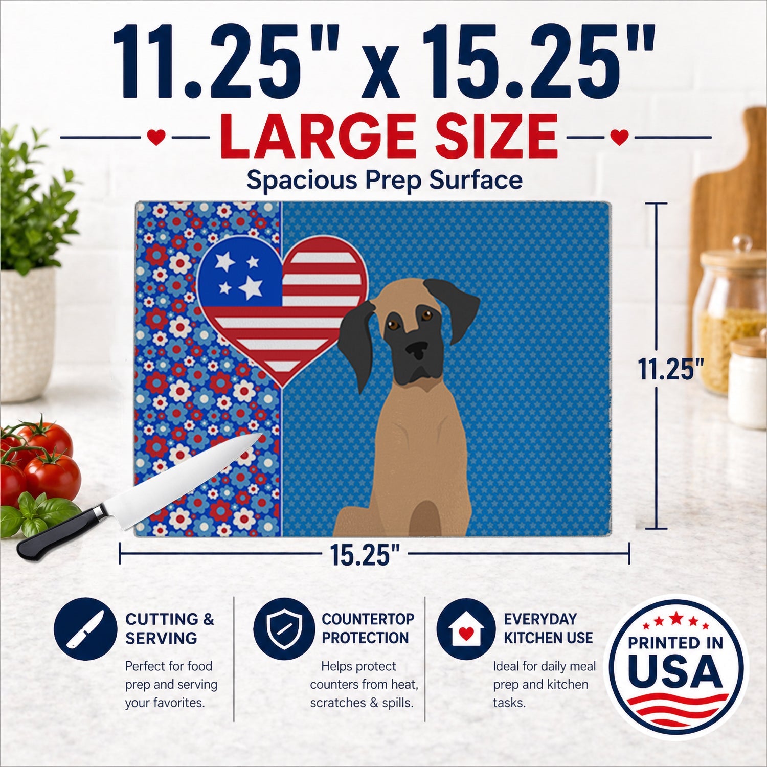Fawn Great Dane USA American Cutting Board Tempered Glass Kitchen Cutting Surface, Heat Resistant Chopping, Non-Slip Feet, Food Prep & Serving