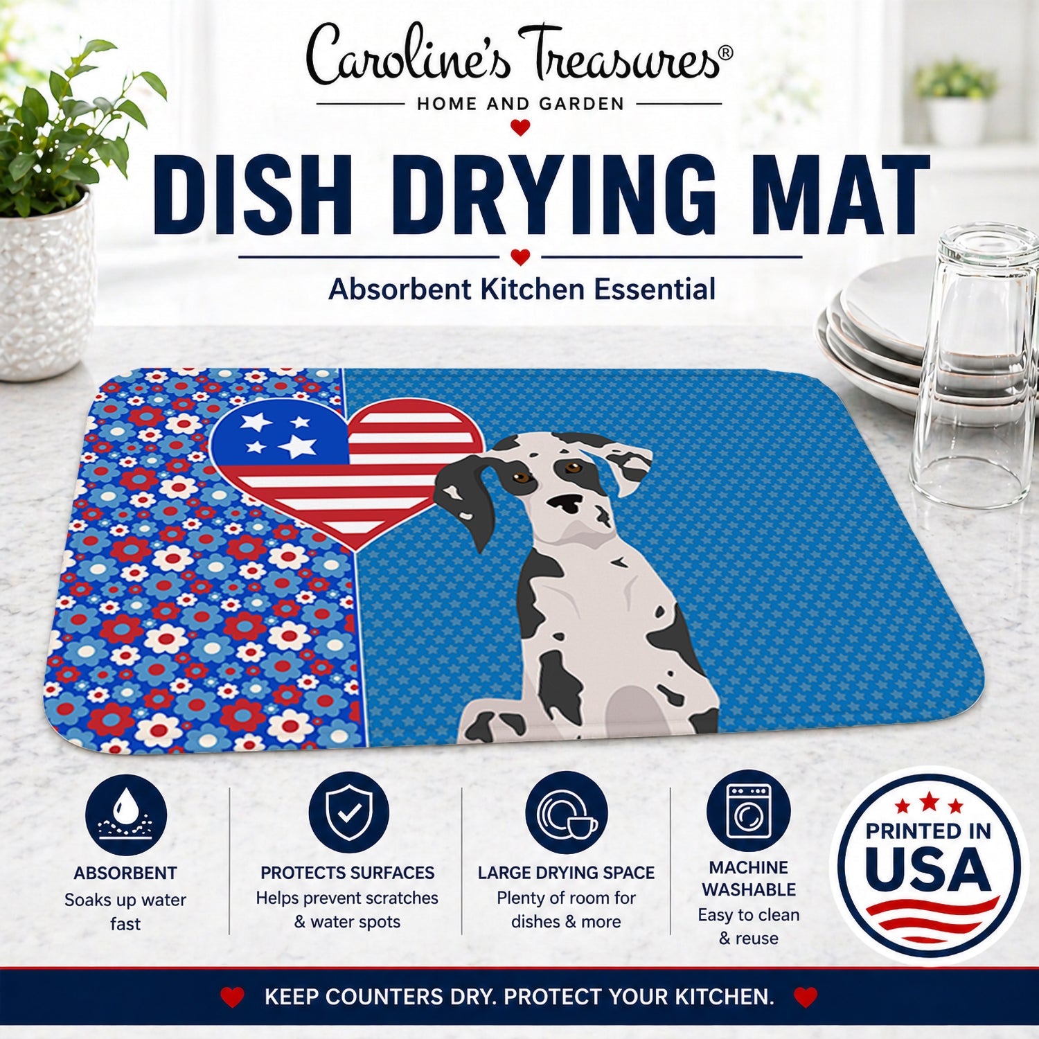 Harlequin Great Dane USA American Dish Drying Mat Absorbent Dish Drying Mat Pad for Kitchen Counter Dish Drainer Mat for Countertop, 14 x 21", Multicolor