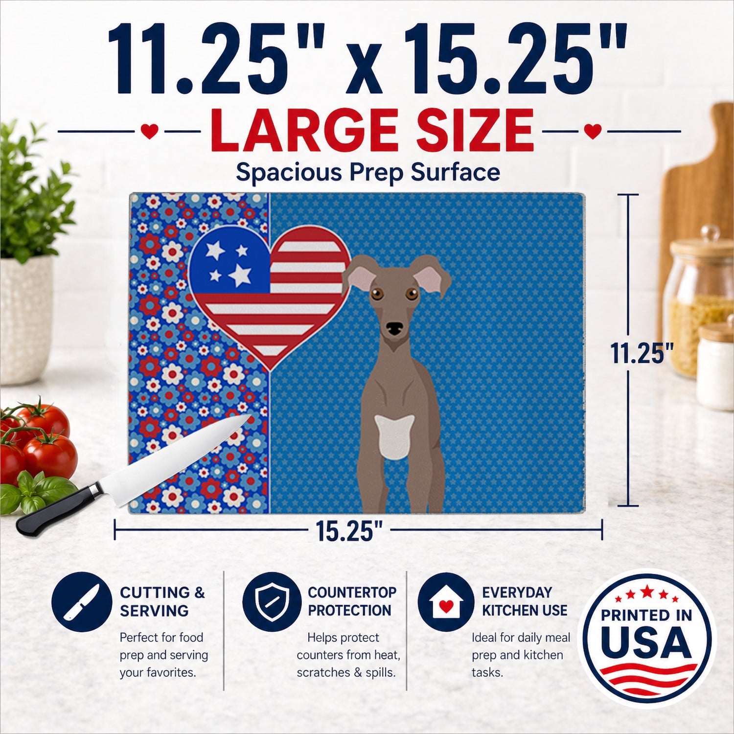 Fawn Italian Greyhound USA American Cutting Board Tempered Glass Kitchen Cutting Surface, Heat Resistant Chopping, Non-Slip Feet, Food Prep & Serving