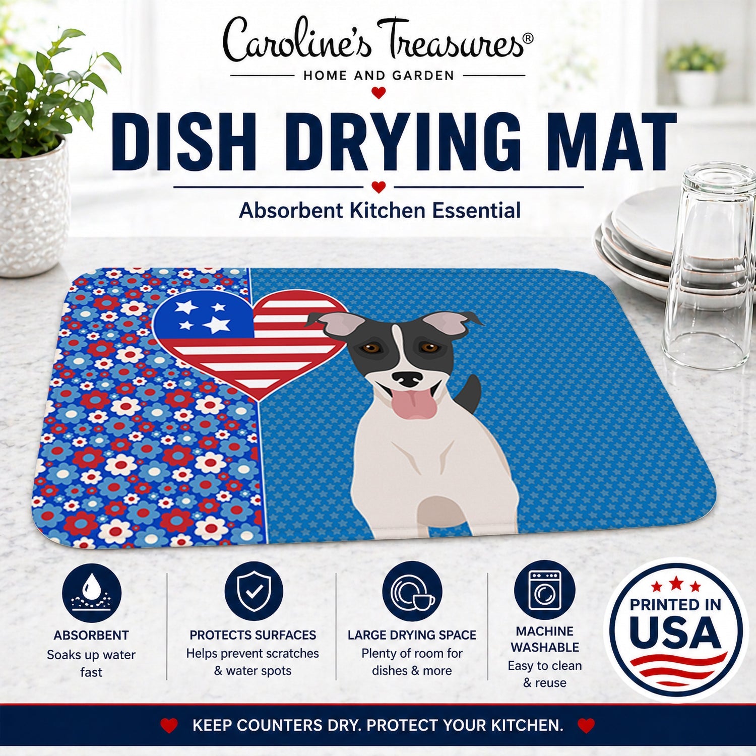 Black White Smooth Jack Russell Terrier USA American Dish Drying Mat Absorbent Dish Drying Mat Pad for Kitchen Counter Dish Drainer Mat for Countertop, 14 x 21", Multicolor