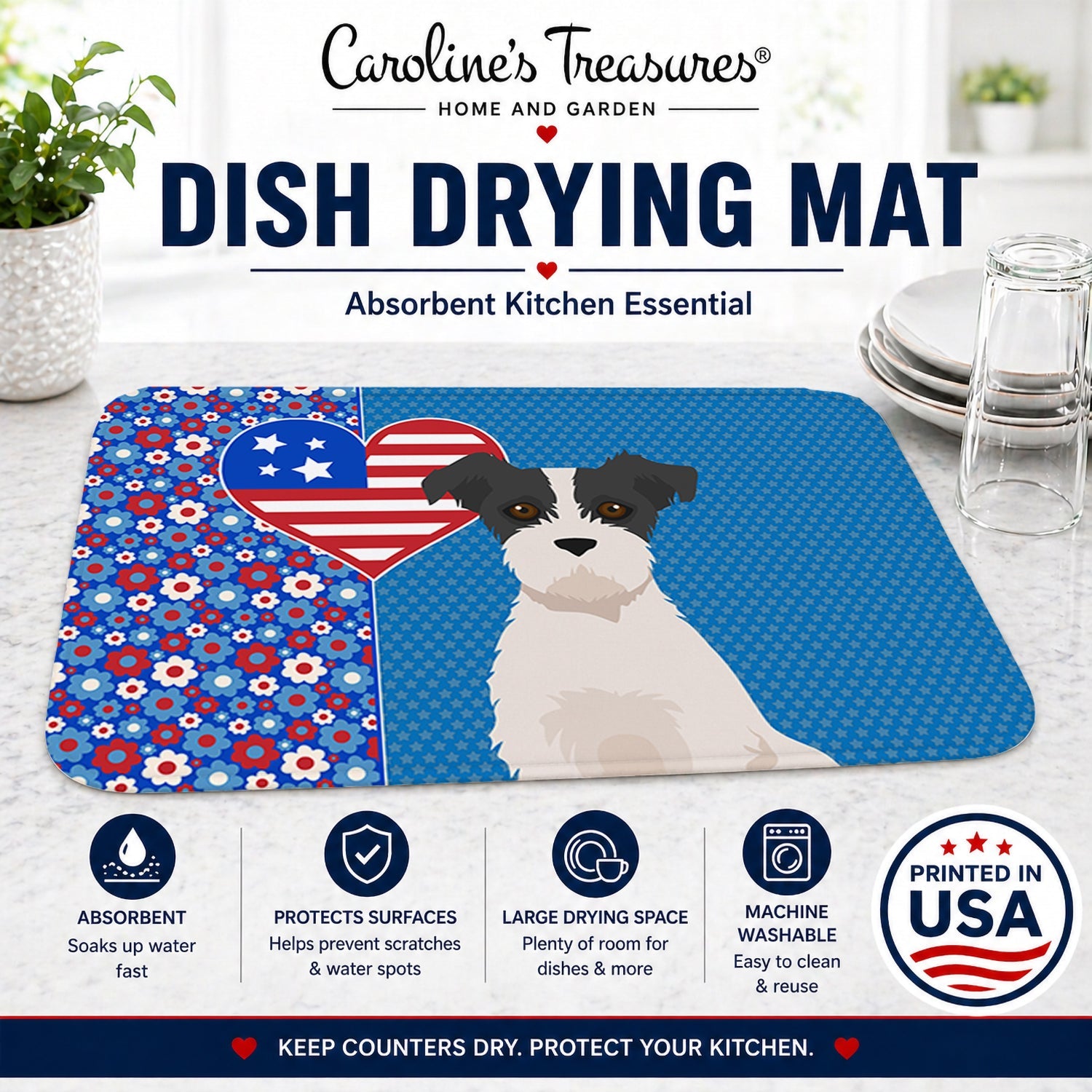 Black White Wirehair Jack Russell Terrier USA American Dish Drying Mat Absorbent Dish Drying Mat Pad for Kitchen Counter Dish Drainer Mat for Countertop, 14 x 21", Multicolor