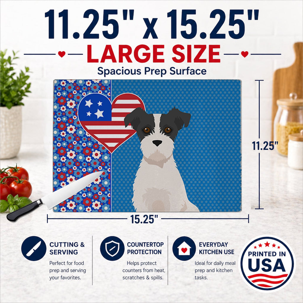 Black White Wirehair Jack Russell Terrier USA American Cutting Board Tempered Glass Kitchen Cutting Surface, Heat Resistant Chopping, Non-Slip Feet, Food Prep & Serving