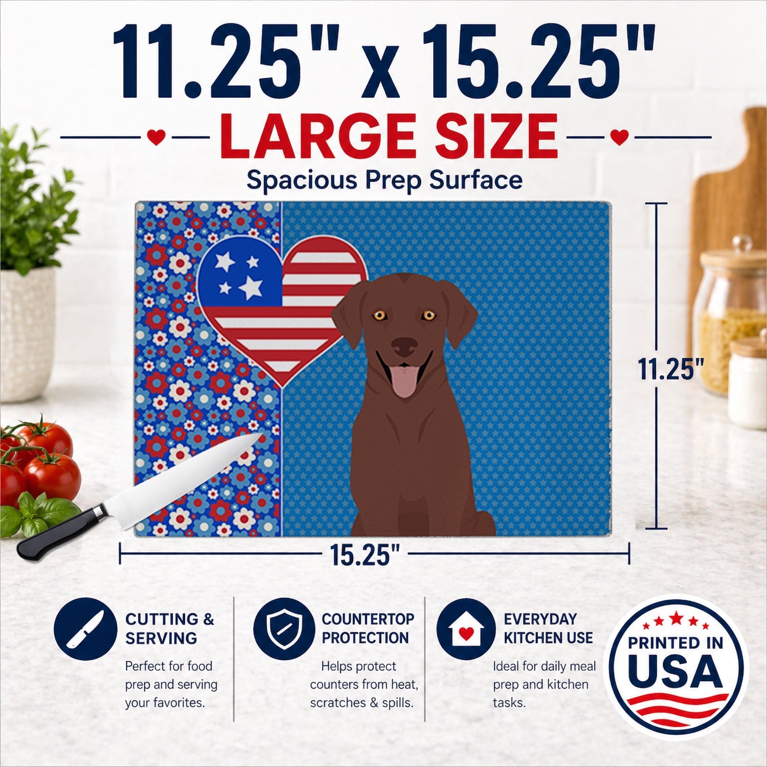 Chocolate Labrador Retriever USA American Cutting Board Tempered Glass Kitchen Cutting Surface, Heat Resistant Chopping, Non-Slip Feet, Food Prep & Serving