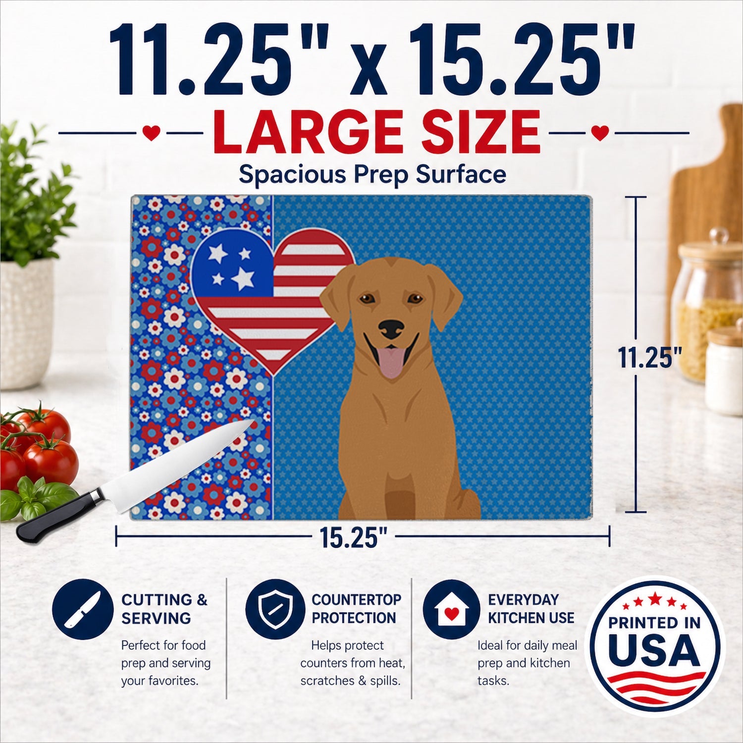 Red Fox Labrador Retriever USA American Cutting Board Tempered Glass Kitchen Cutting Surface, Heat Resistant Chopping, Non-Slip Feet, Food Prep & Serving