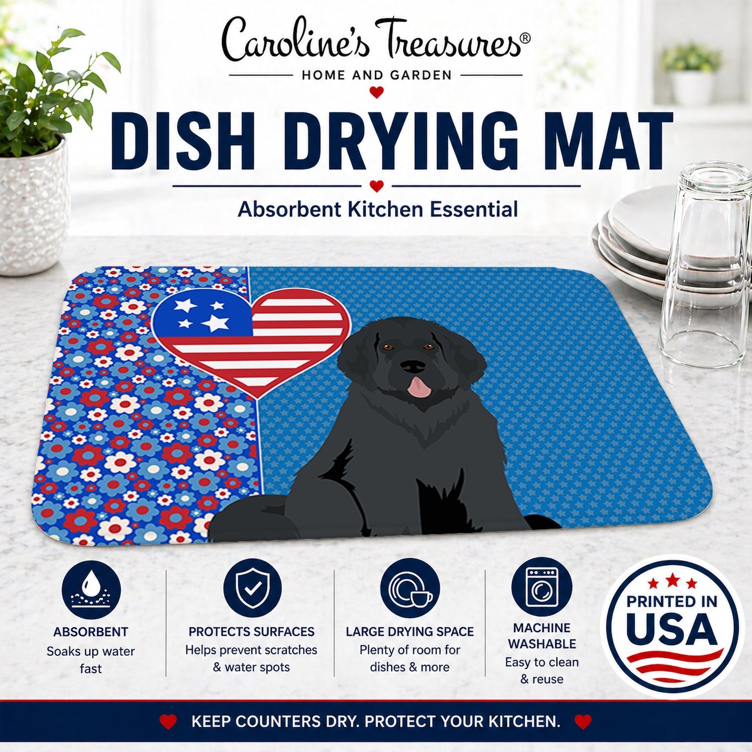 Black Newfoundland USA American Dish Drying Mat Absorbent Dish Drying Mat Pad for Kitchen Counter Dish Drainer Mat for Countertop, 14 x 21", Multicolor