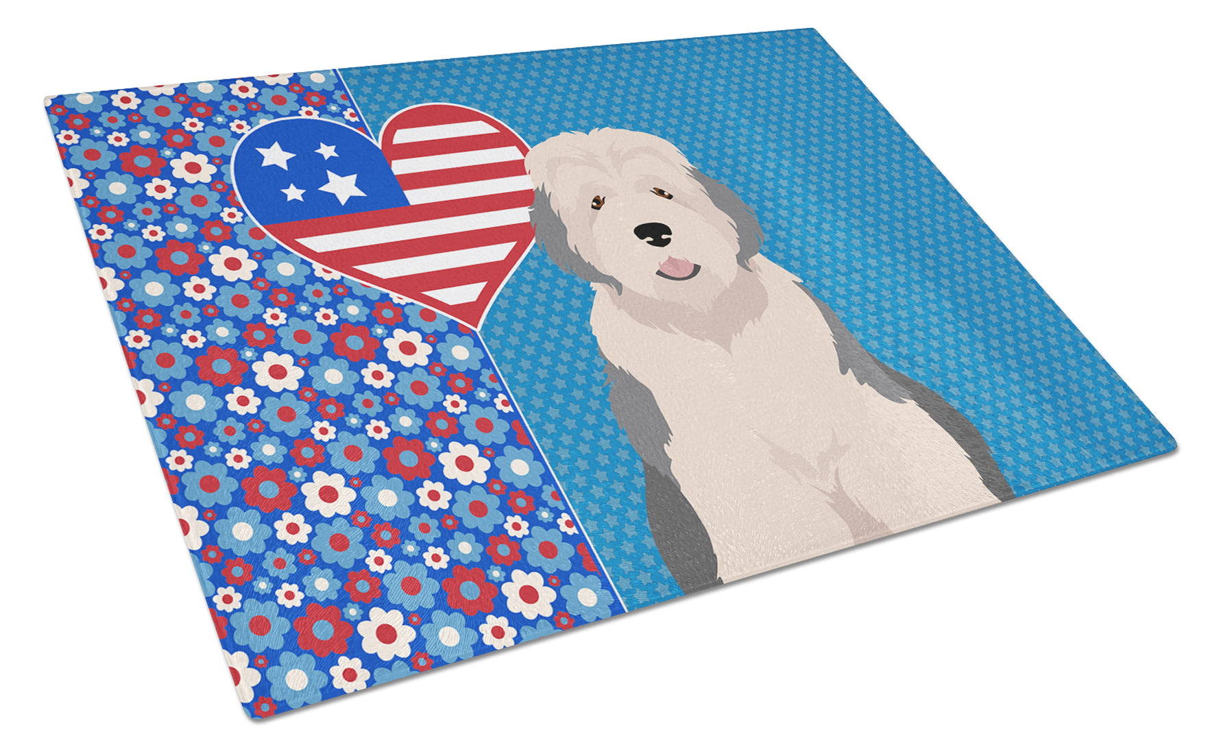 Old English Sheepdog USA American Cutting Board Tempered Glass Kitchen Cutting Surface, Heat Resistant Chopping, Non-Slip Feet, Food Prep & Serving