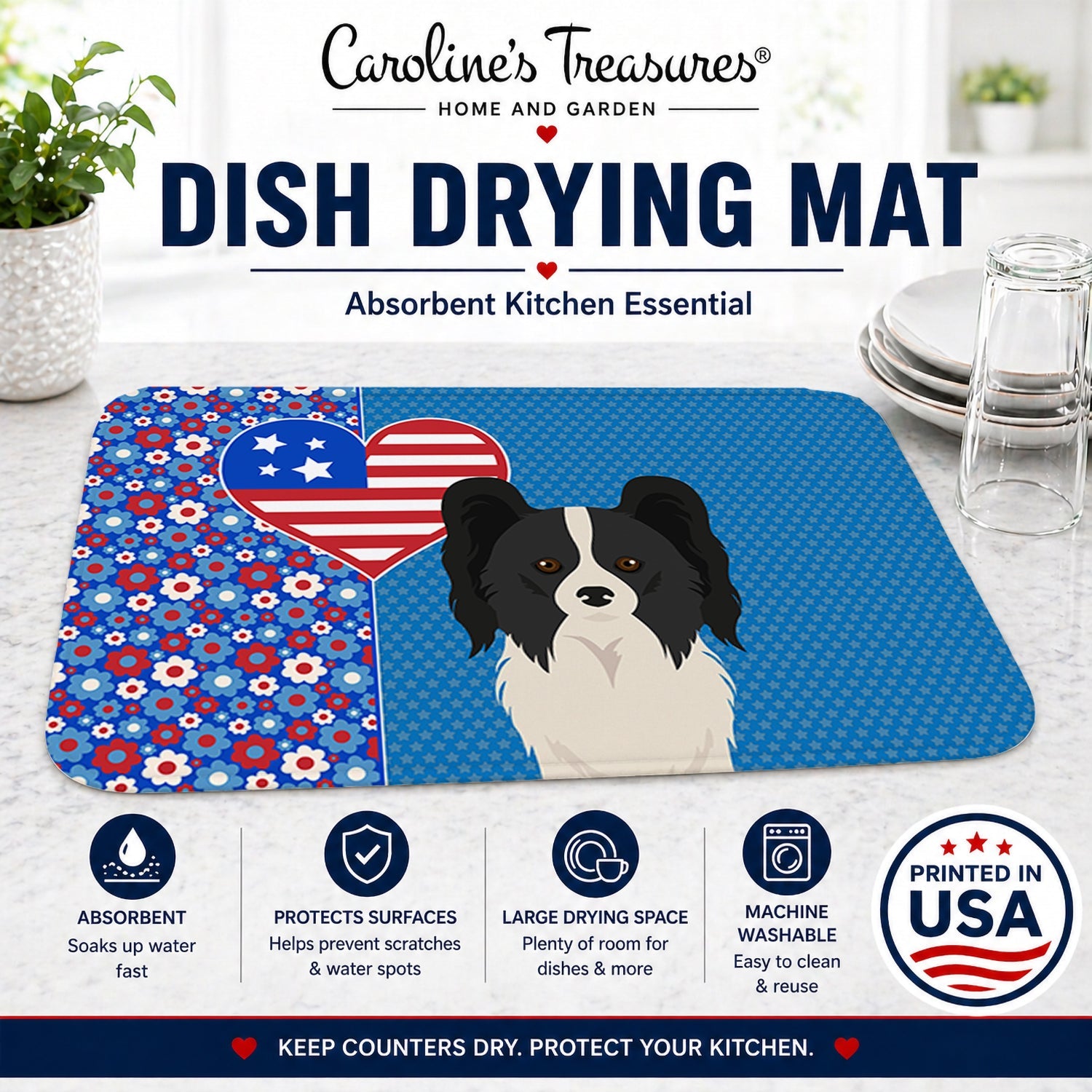 Black and White Papillon USA American Dish Drying Mat Absorbent Dish Drying Mat Pad for Kitchen Counter Dish Drainer Mat for Countertop, 14 x 21", Multicolor