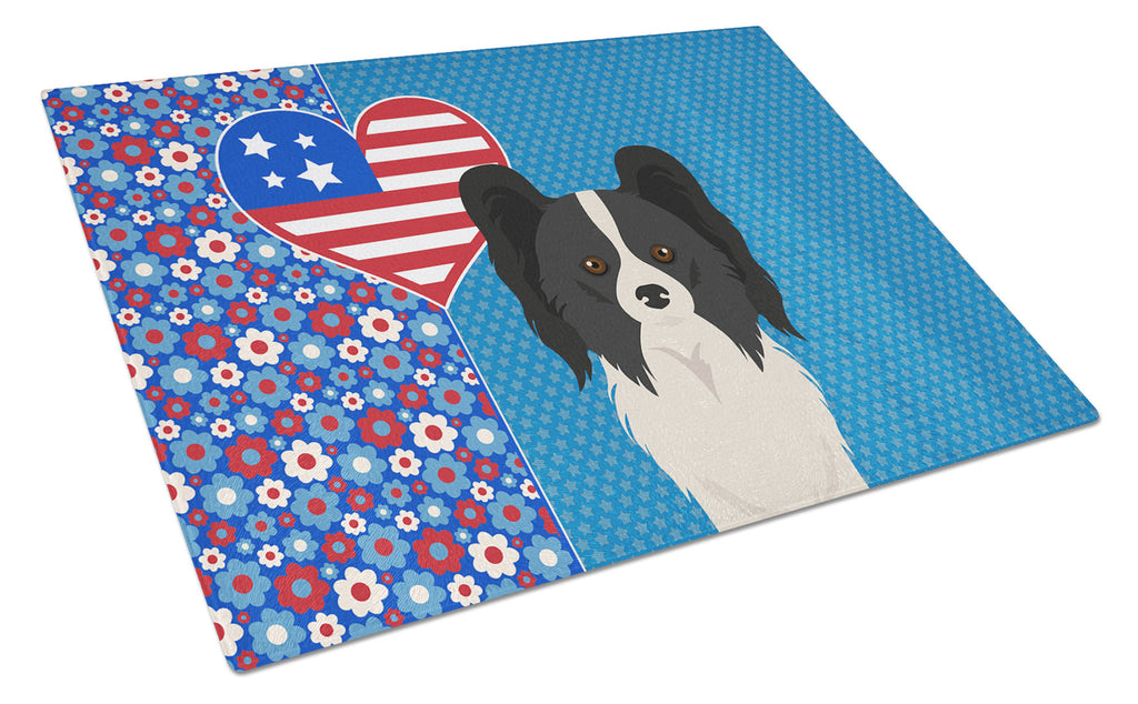 Black and White Papillon USA American Cutting Board Tempered Glass Kitchen Cutting Surface, Heat Resistant Chopping, Non-Slip Feet, Food Prep & Serving