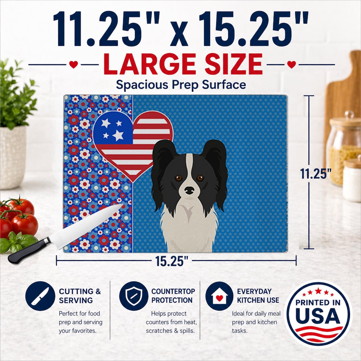 Black and White Papillon USA American Cutting Board Tempered Glass Kitchen Cutting Surface, Heat Resistant Chopping, Non-Slip Feet, Food Prep & Serving