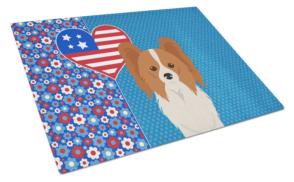 Red and White Papillon USA American Cutting Board Tempered Glass Kitchen Cutting Surface, Heat Resistant Chopping, Non-Slip Feet, Food Prep & Serving