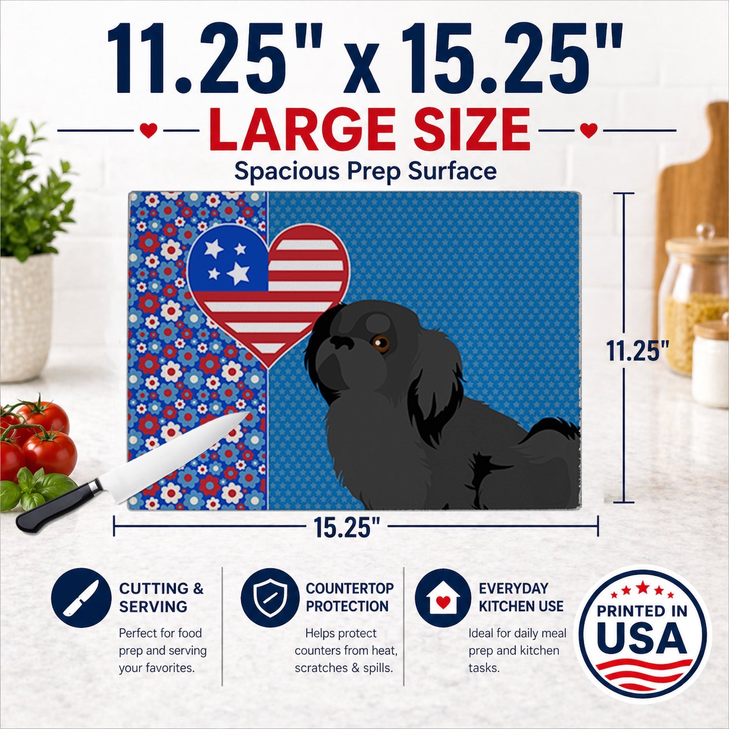 Black Pekingese USA American Cutting Board Tempered Glass Kitchen Cutting Surface, Heat Resistant Chopping, Non-Slip Feet, Food Prep & Serving