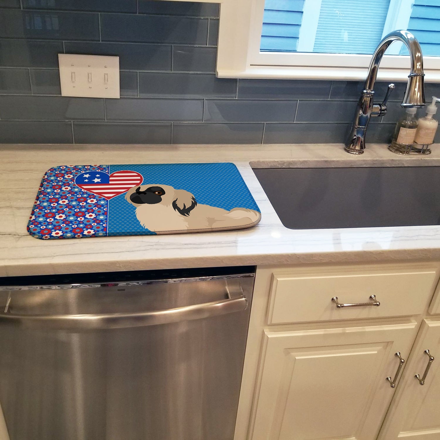 Cream Pekingese USA American Dish Drying Mat Absorbent Dish Drying Mat Pad for Kitchen Counter Dish Drainer Mat for Countertop, 14 x 21", Multicolor