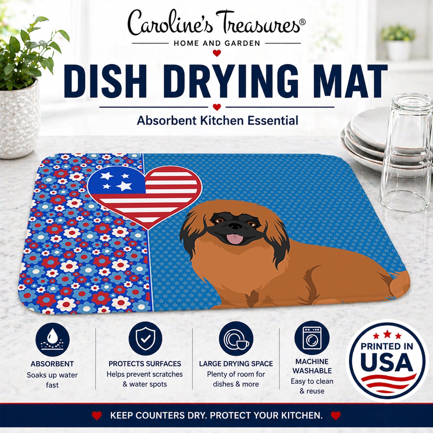 Red Pekingese USA American Dish Drying Mat Absorbent Dish Drying Mat Pad for Kitchen Counter Dish Drainer Mat for Countertop, 14 x 21", Multicolor
