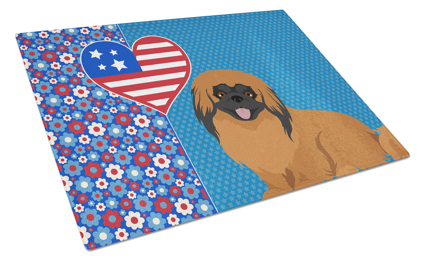 Red Pekingese USA American Cutting Board Tempered Glass Kitchen Cutting Surface, Heat Resistant Chopping, Non-Slip Feet, Food Prep & Serving