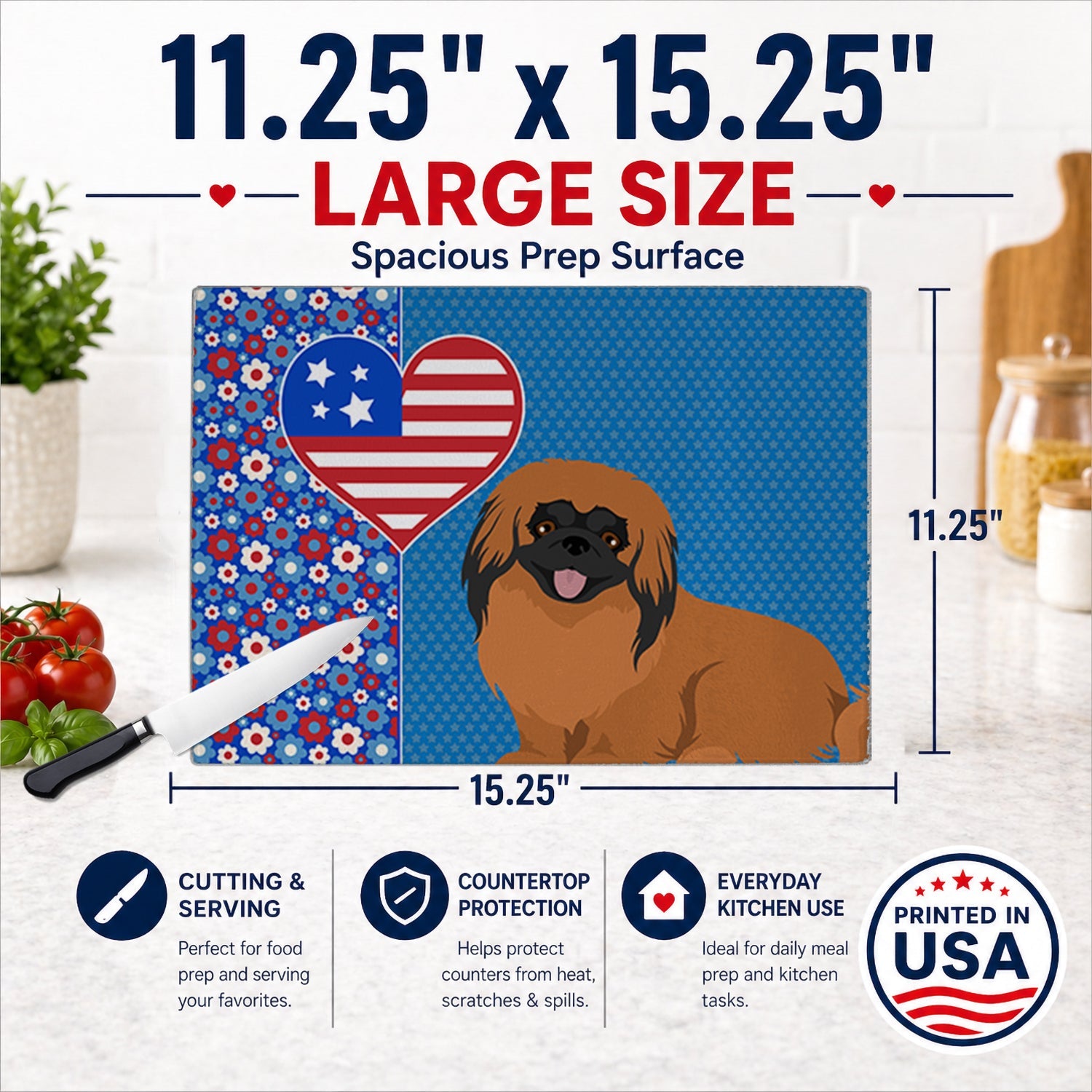 Red Pekingese USA American Cutting Board Tempered Glass Kitchen Cutting Surface, Heat Resistant Chopping, Non-Slip Feet, Food Prep & Serving