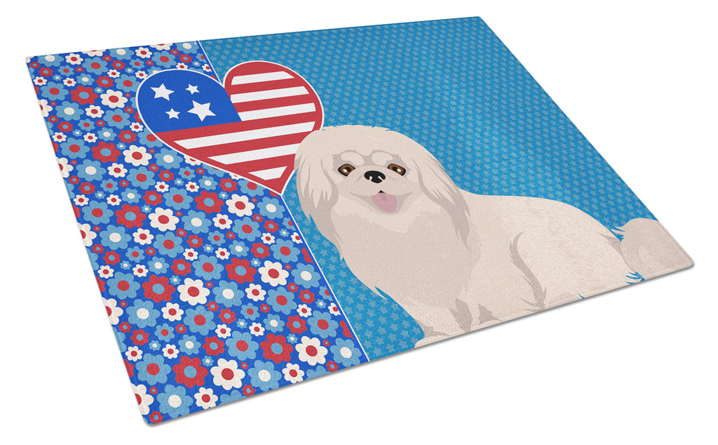 White Pekingese USA American Cutting Board Tempered Glass Kitchen Cutting Surface, Heat Resistant Chopping, Non-Slip Feet, Food Prep & Serving