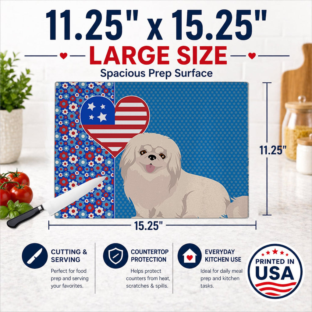 White Pekingese USA American Cutting Board Tempered Glass Kitchen Cutting Surface, Heat Resistant Chopping, Non-Slip Feet, Food Prep & Serving