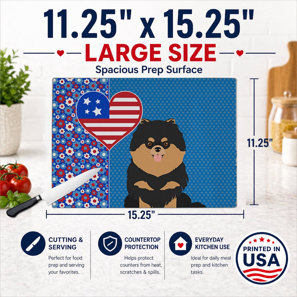 Black and Tan Pomeranian USA American Cutting Board Tempered Glass Kitchen Cutting Surface, Heat Resistant Chopping, Non-Slip Feet, Food Prep & Serving