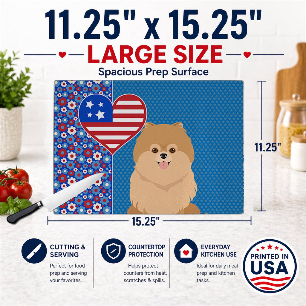 Orange Pomeranian USA American Cutting Board Tempered Glass Kitchen Cutting Surface, Heat Resistant Chopping, Non-Slip Feet, Food Prep & Serving