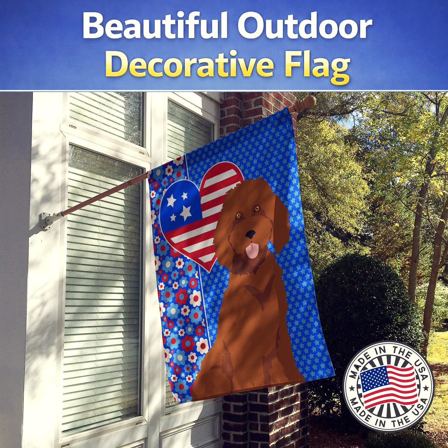 Standard Red Poodle USA American House Flag 28x40 Porch Sleeve Pole Decorative Outside Yard Banner Artwork Wall Hanging, Polyester