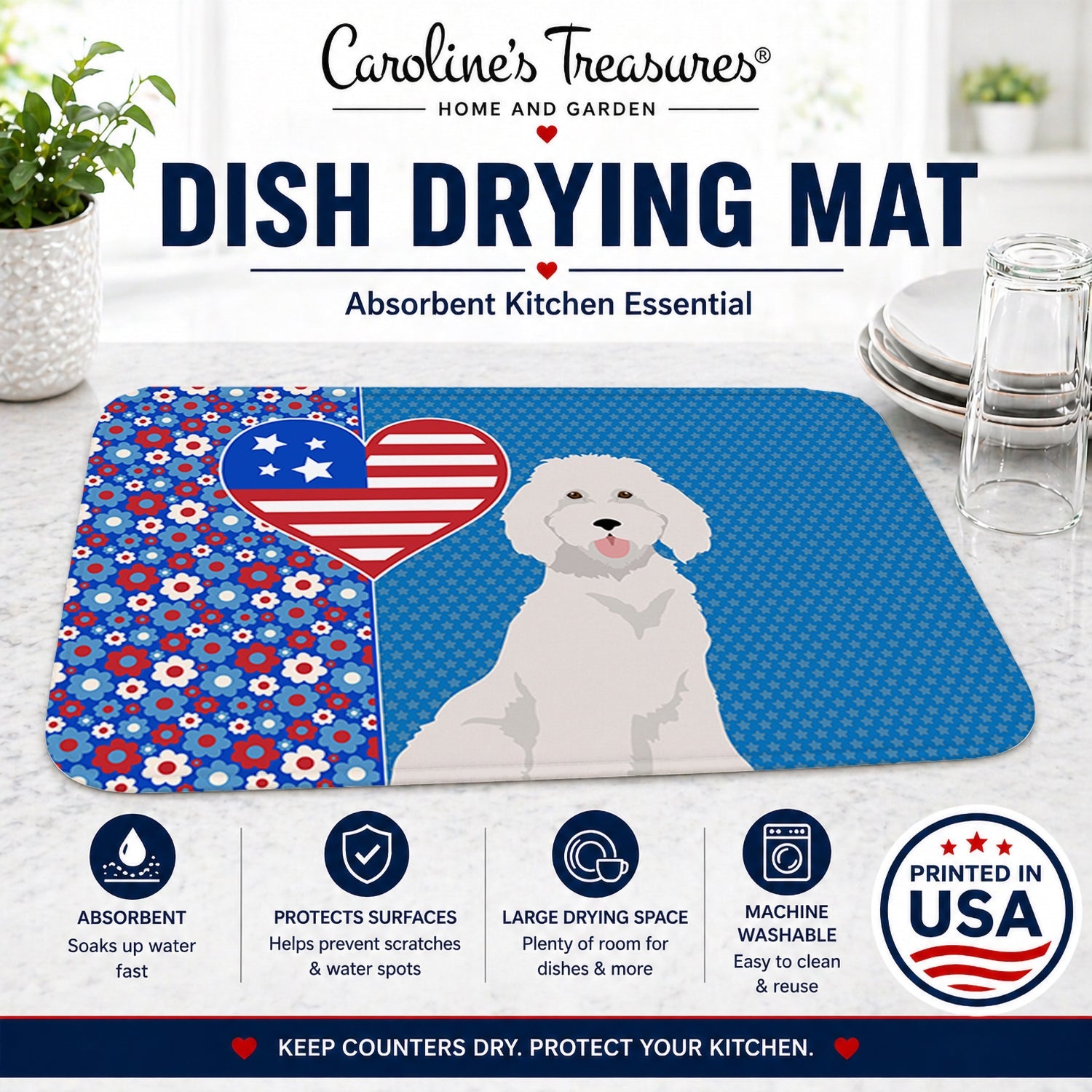 Standard White Poodle USA American Dish Drying Mat Absorbent Dish Drying Mat Pad for Kitchen Counter Dish Drainer Mat for Countertop, 14 x 21", Multicolor