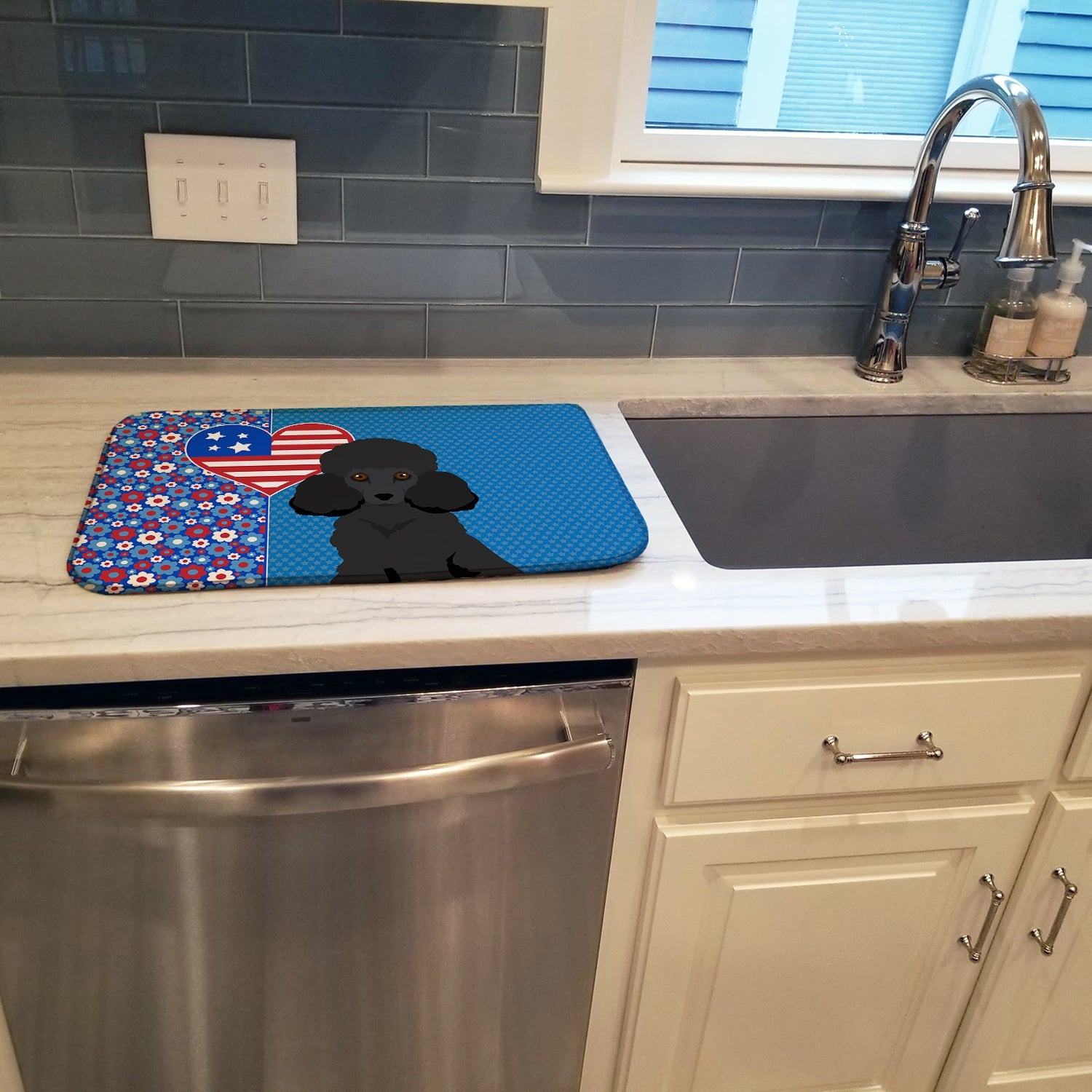 Toy Black Poodle USA American Dish Drying Mat Absorbent Dish Drying Mat Pad for Kitchen Counter Dish Drainer Mat for Countertop, 14 x 21", Multicolor