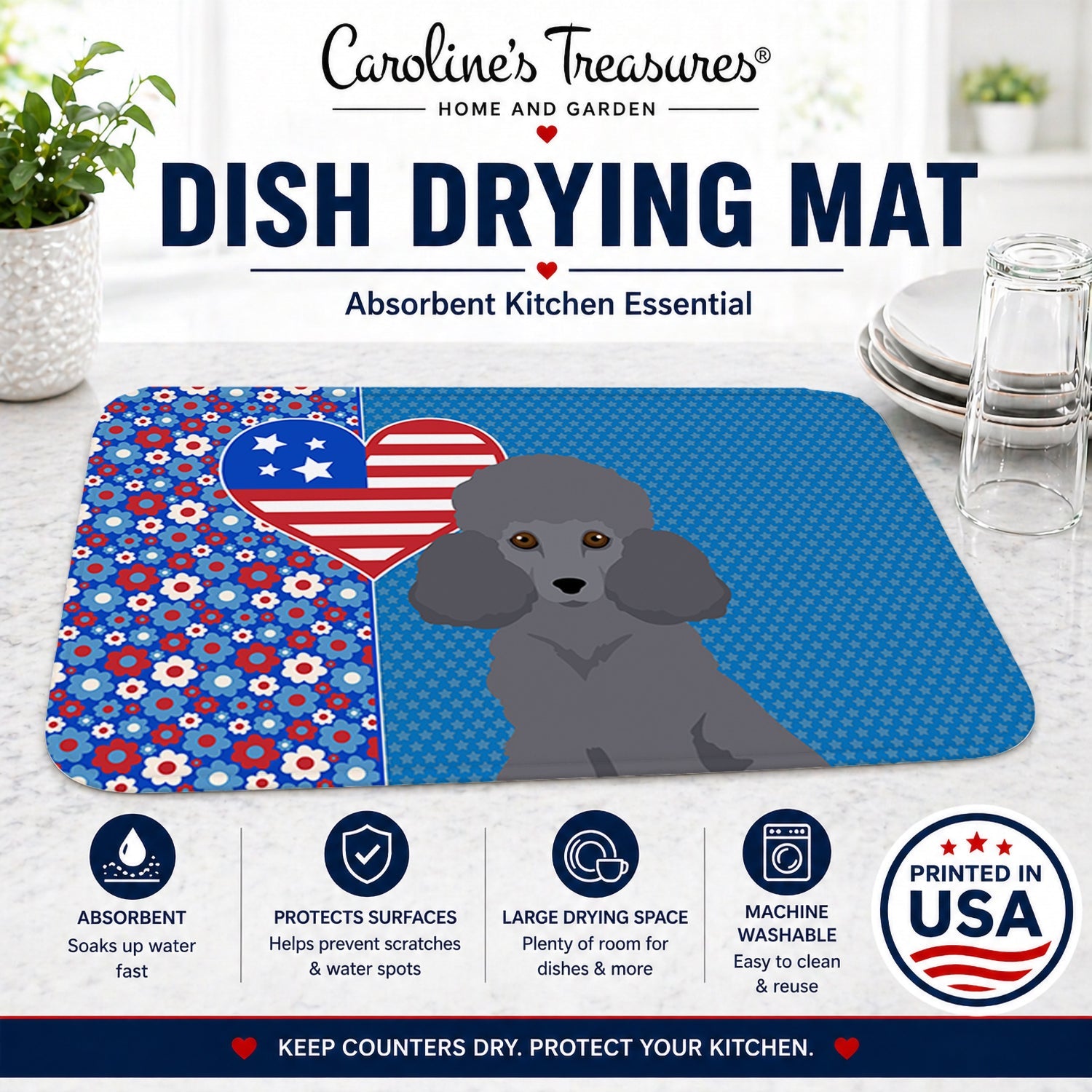 Toy Grey Poodle USA American Dish Drying Mat Absorbent Dish Drying Mat Pad for Kitchen Counter Dish Drainer Mat for Countertop, 14 x 21", Multicolor