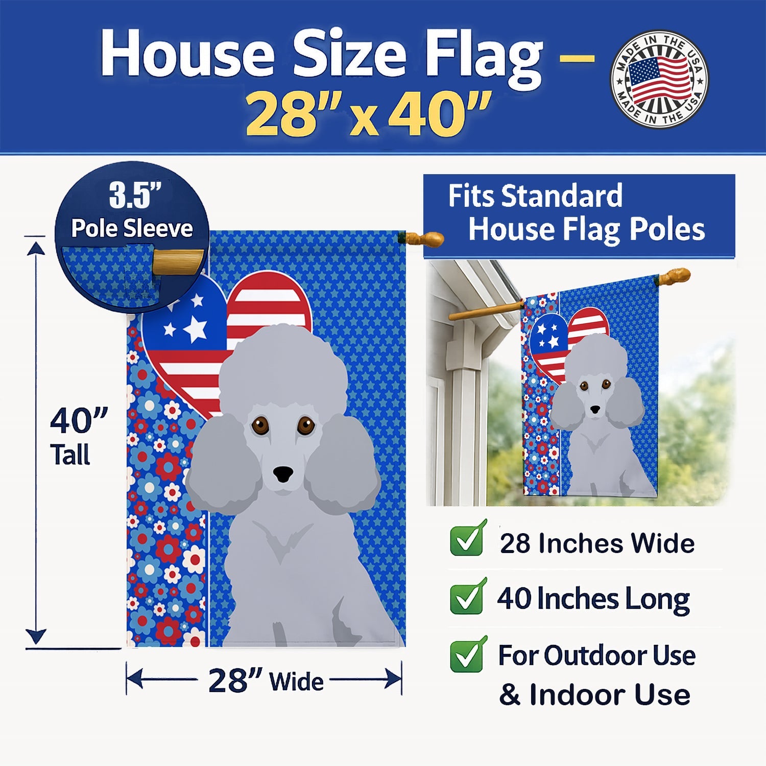 Toy Silver Poodle USA American House Flag 28x40 Porch Sleeve Pole Decorative Outside Yard Banner Artwork Wall Hanging, Polyester
