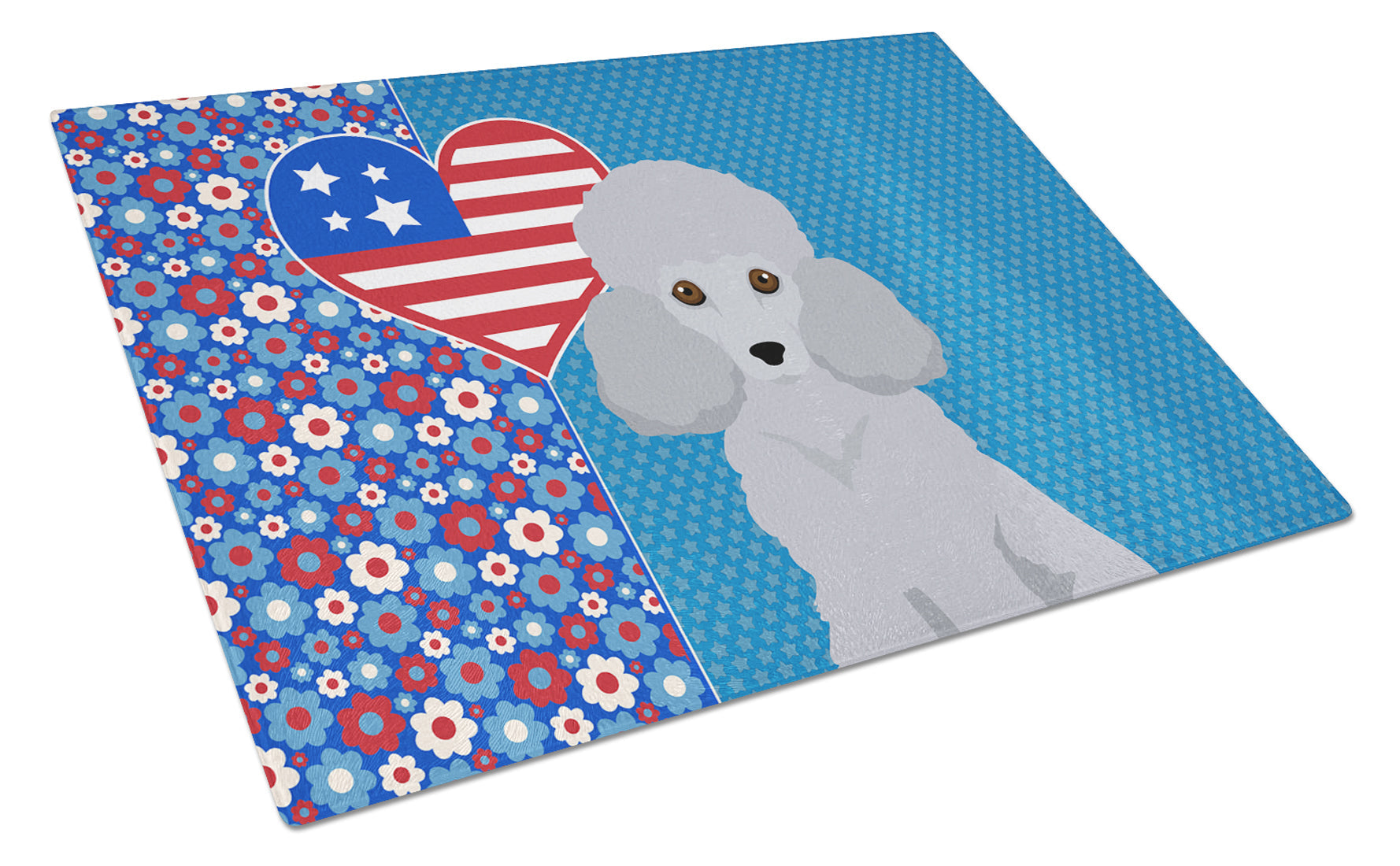 Toy Silver Poodle USA American Cutting Board Tempered Glass Kitchen Cutting Surface, Heat Resistant Chopping, Non-Slip Feet, Food Prep & Serving