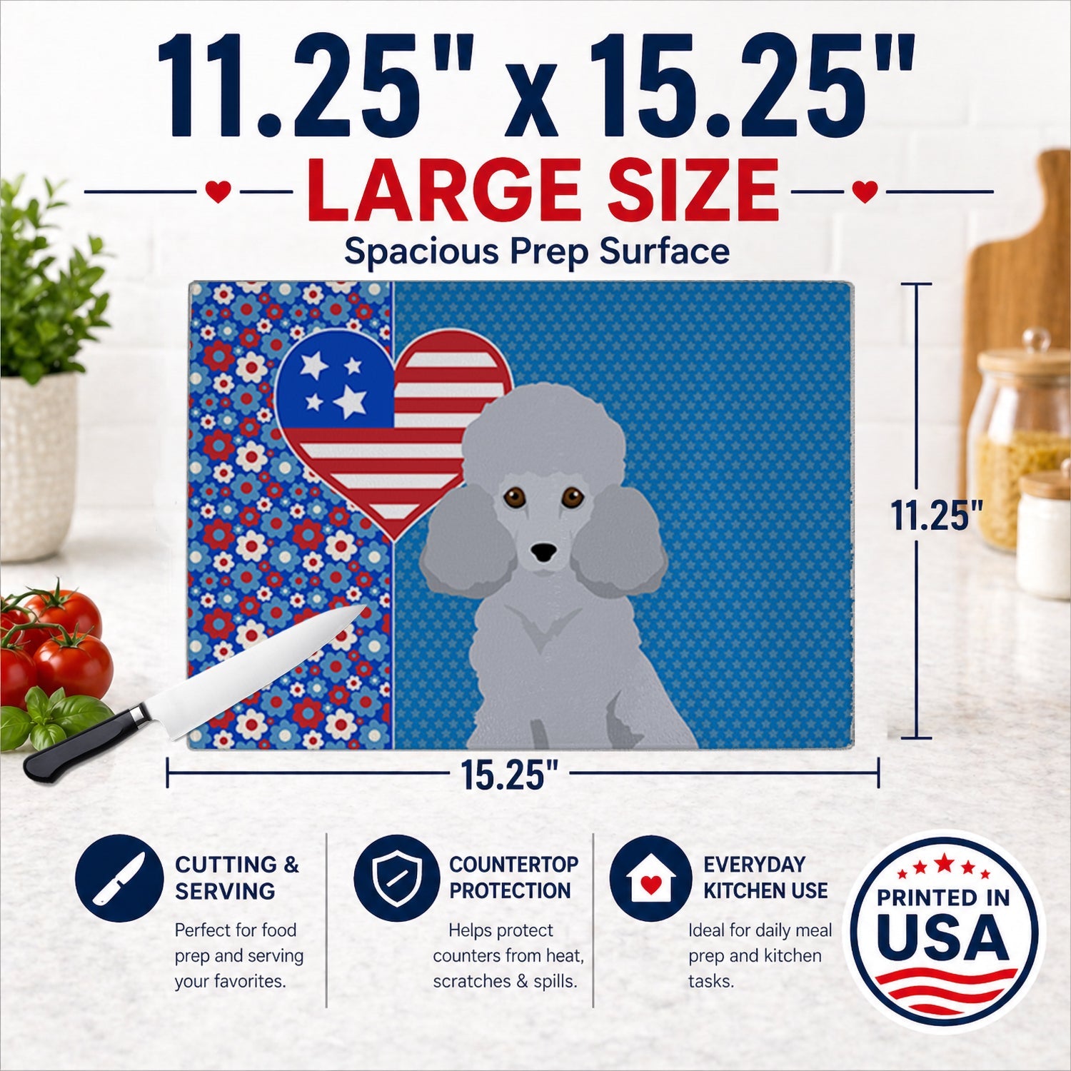 Toy Silver Poodle USA American Cutting Board Tempered Glass Kitchen Cutting Surface, Heat Resistant Chopping, Non-Slip Feet, Food Prep & Serving