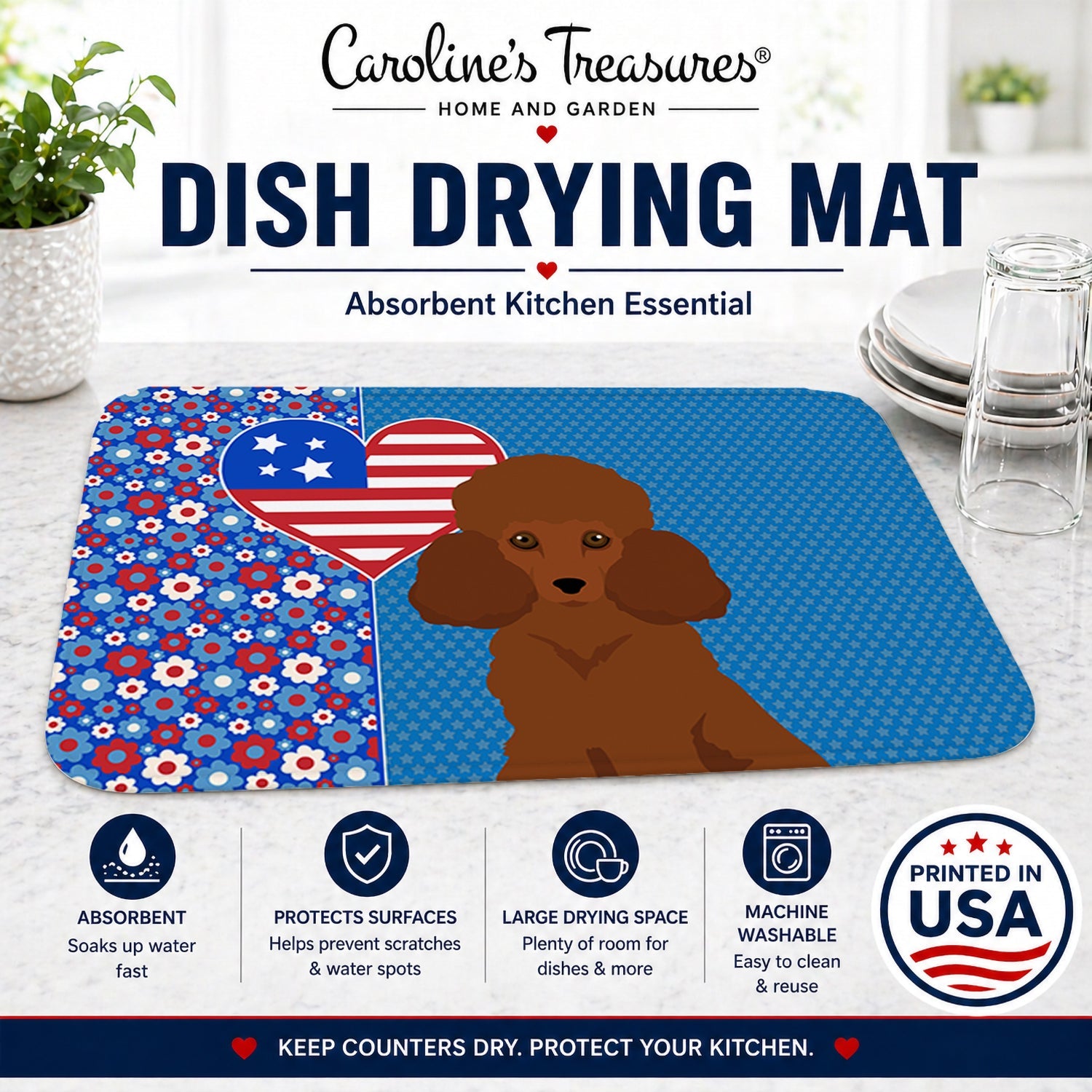 Toy Red Poodle USA American Dish Drying Mat Absorbent Dish Drying Mat Pad for Kitchen Counter Dish Drainer Mat for Countertop, 14 x 21", Multicolor