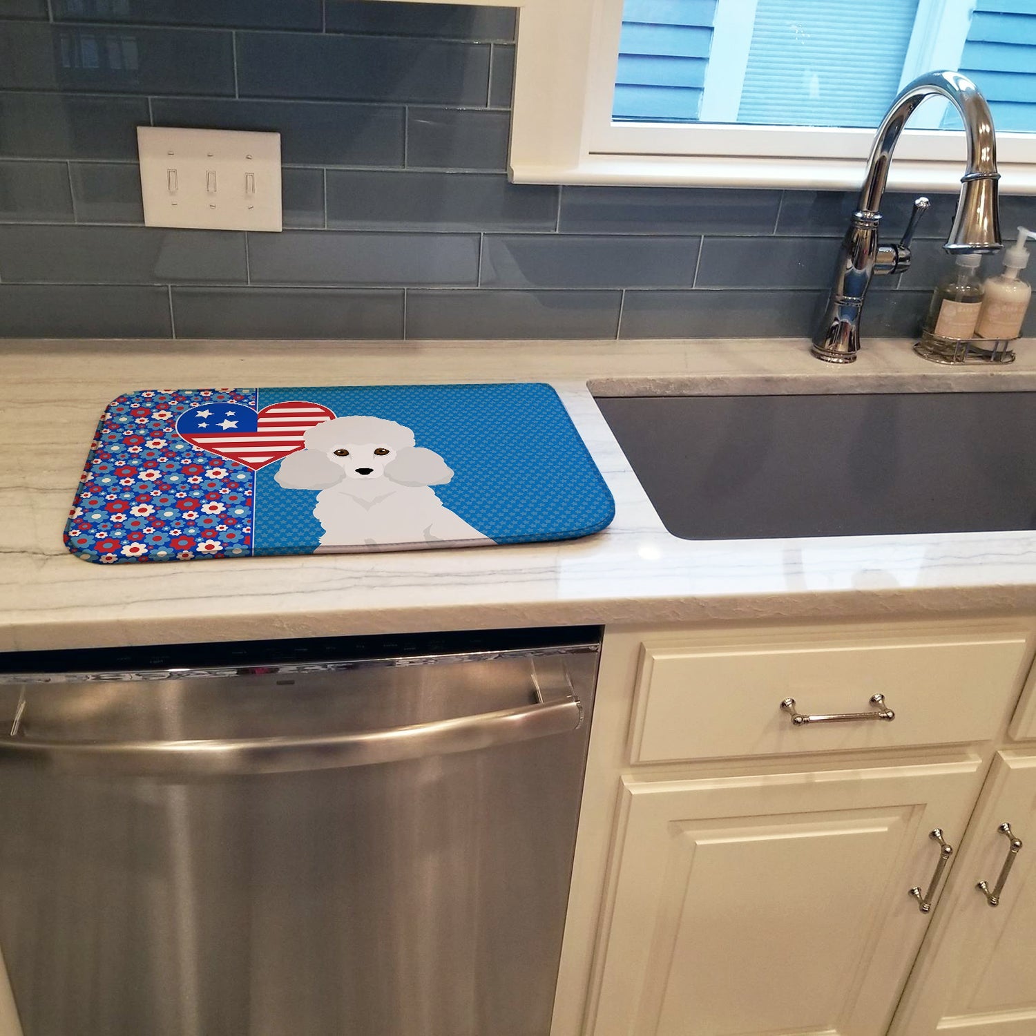 Toy White Poodle USA American Dish Drying Mat Absorbent Dish Drying Mat Pad for Kitchen Counter Dish Drainer Mat for Countertop, 14 x 21", Multicolor