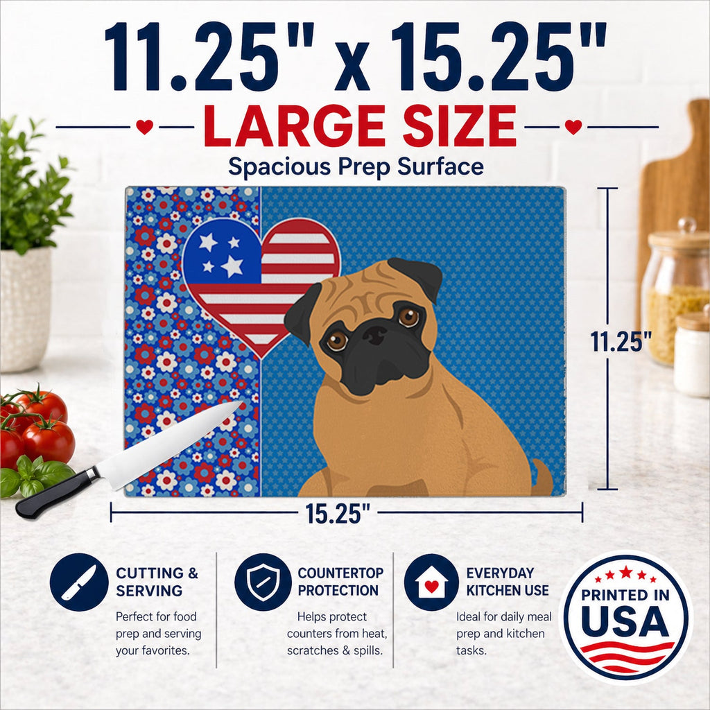 Apricot Pug USA American Cutting Board Tempered Glass Kitchen Cutting Surface, Heat Resistant Chopping, Non-Slip Feet, Food Prep & Serving