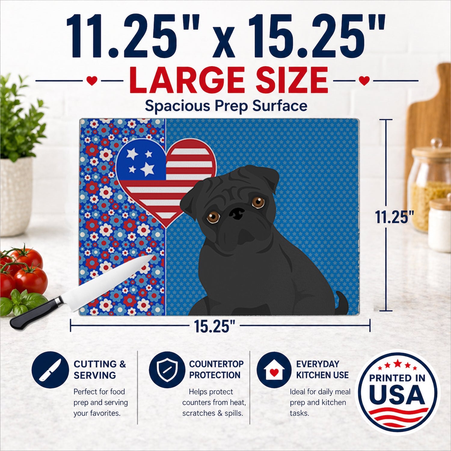 Black Pug USA American Cutting Board Tempered Glass Kitchen Cutting Surface, Heat Resistant Chopping, Non-Slip Feet, Food Prep & Serving