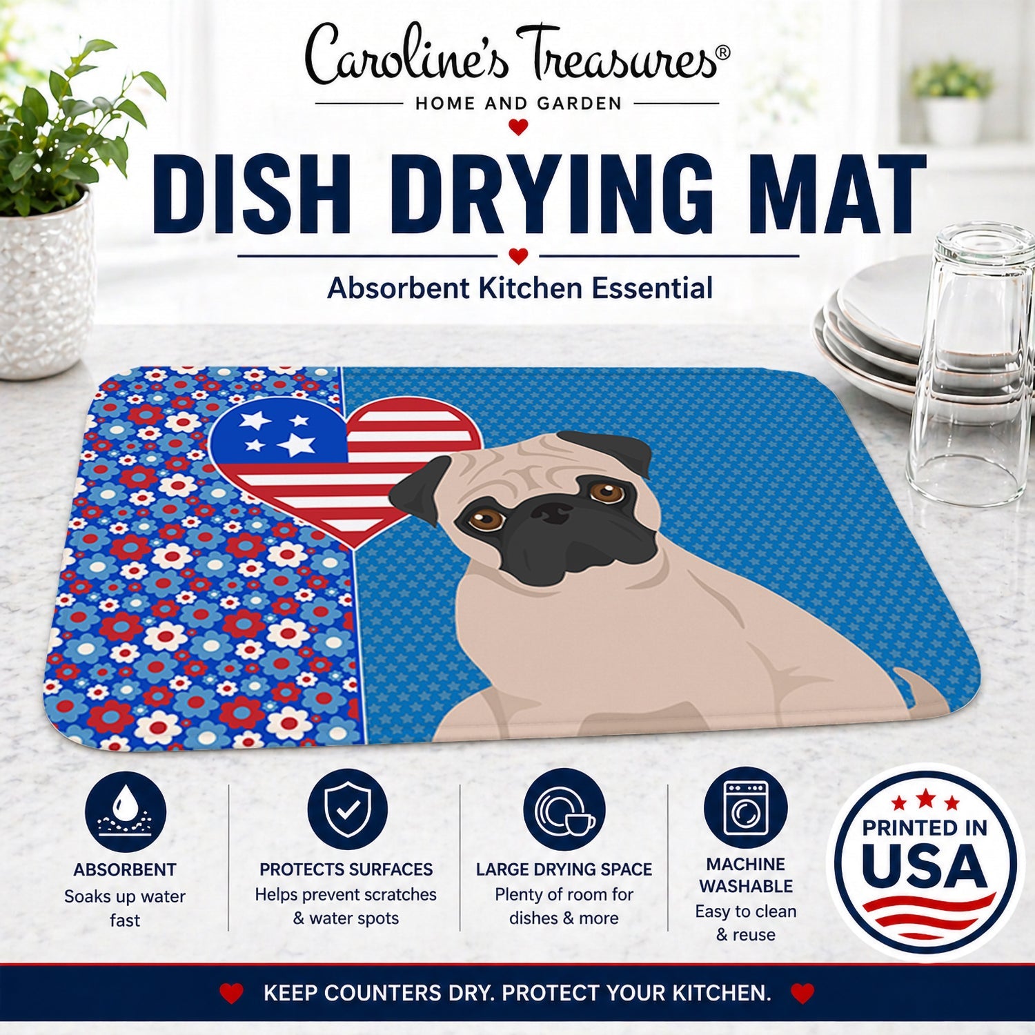 Fawn Pug USA American Dish Drying Mat Absorbent Dish Drying Mat Pad for Kitchen Counter Dish Drainer Mat for Countertop, 14 x 21", Multicolor