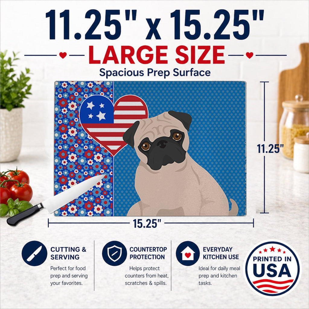 Fawn Pug USA American Cutting Board Tempered Glass Kitchen Cutting Surface, Heat Resistant Chopping, Non-Slip Feet, Food Prep & Serving
