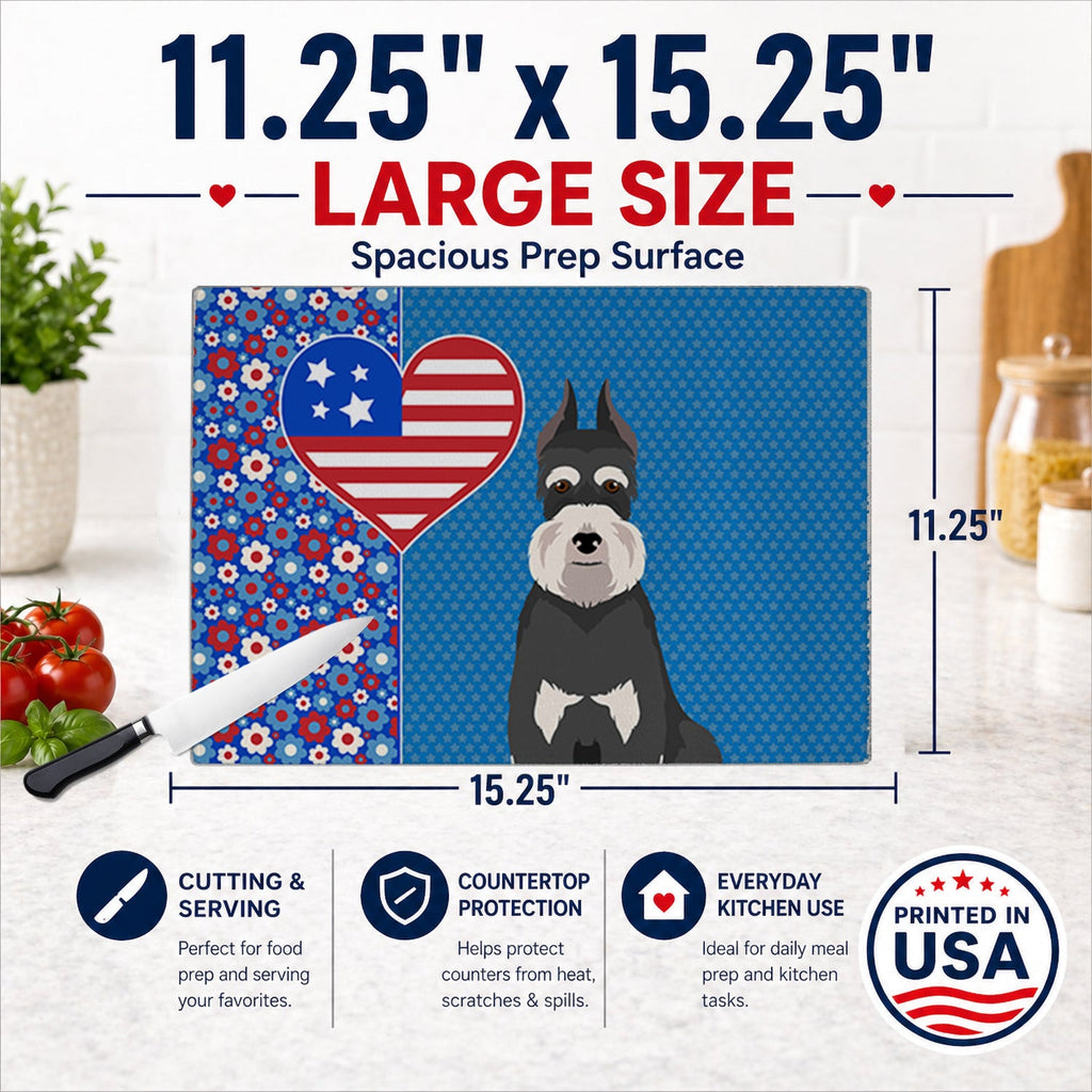 Black and Silver Schnauzer USA American Cutting Board Tempered Glass Kitchen Cutting Surface, Heat Resistant Chopping, Non-Slip Feet, Food Prep & Serving