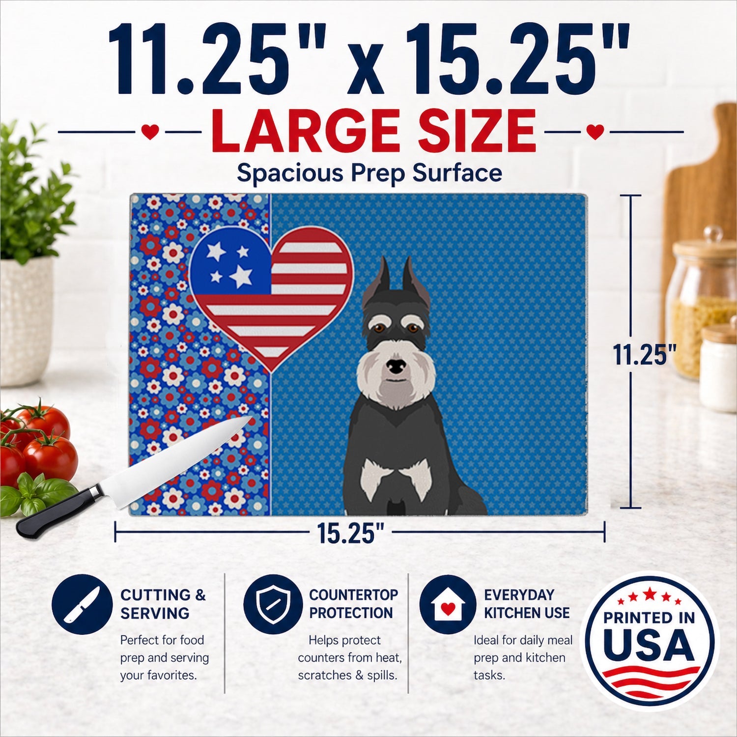 Black and Silver Schnauzer USA American Cutting Board Tempered Glass Kitchen Cutting Surface, Heat Resistant Chopping, Non-Slip Feet, Food Prep & Serving