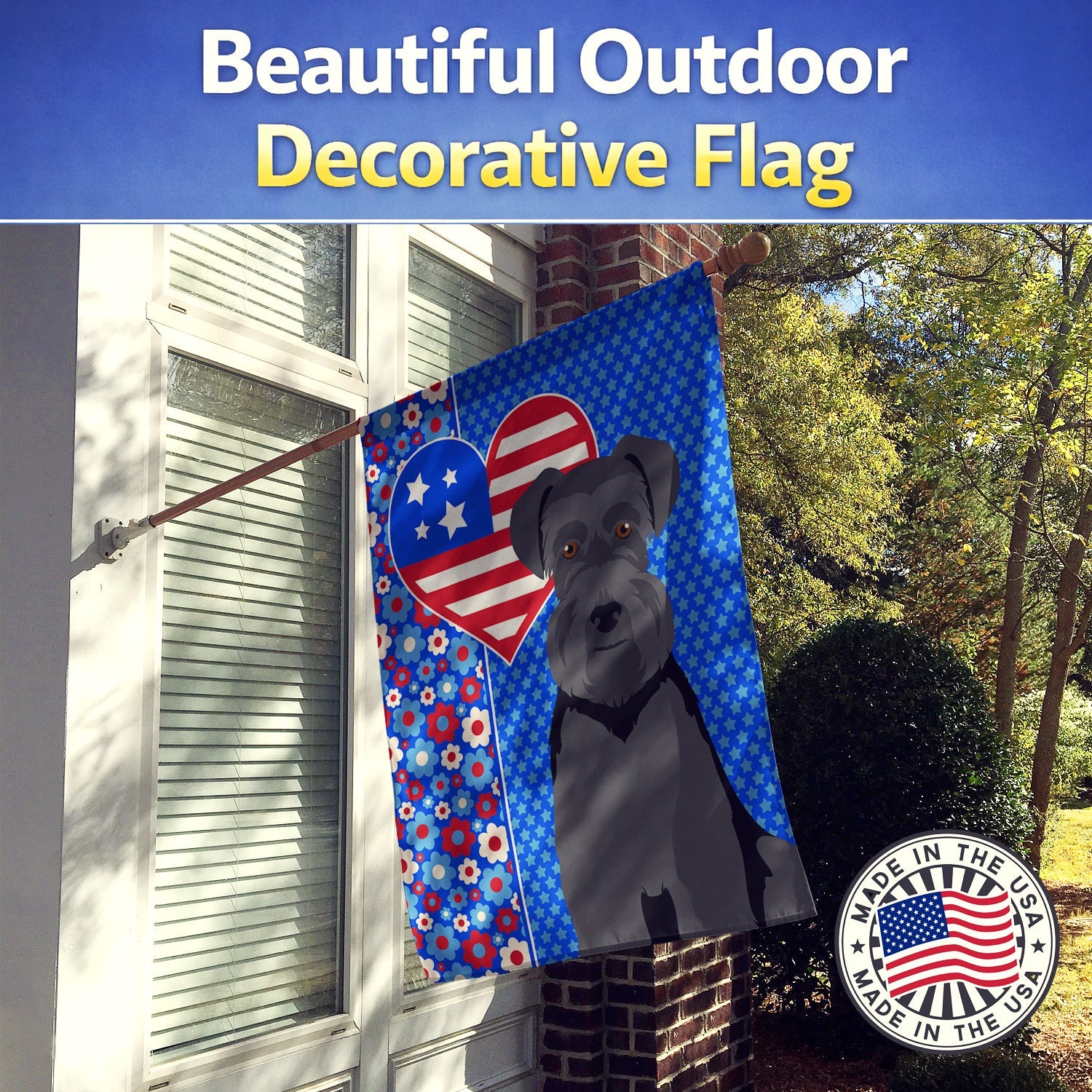 Black Natural Ears Schnauzer USA American House Flag 28x40 Porch Sleeve Pole Decorative Outside Yard Banner Artwork Wall Hanging, Polyester
