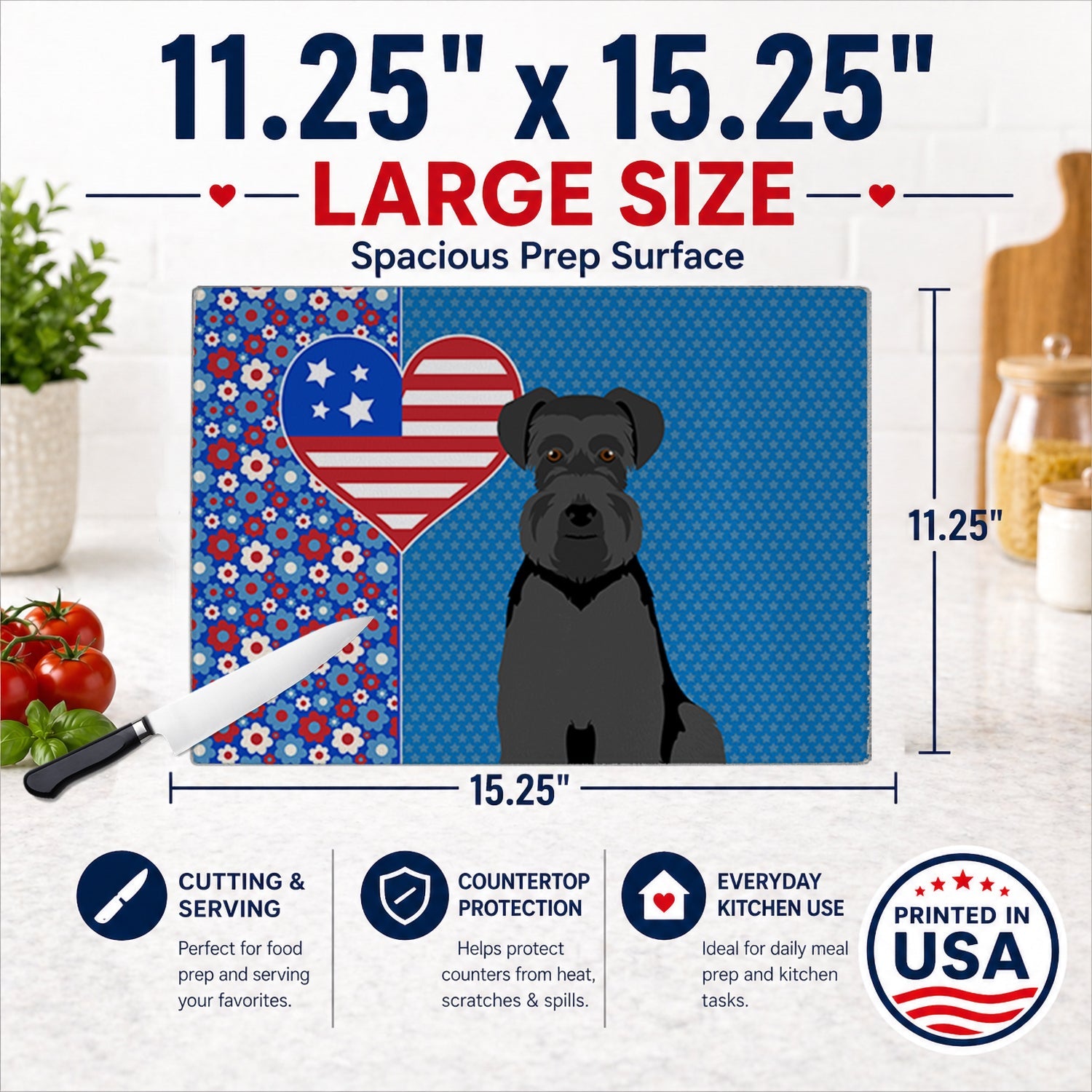 Black Natural Ears Schnauzer USA American Cutting Board Tempered Glass Kitchen Cutting Surface, Heat Resistant Chopping, Non-Slip Feet, Food Prep & Serving