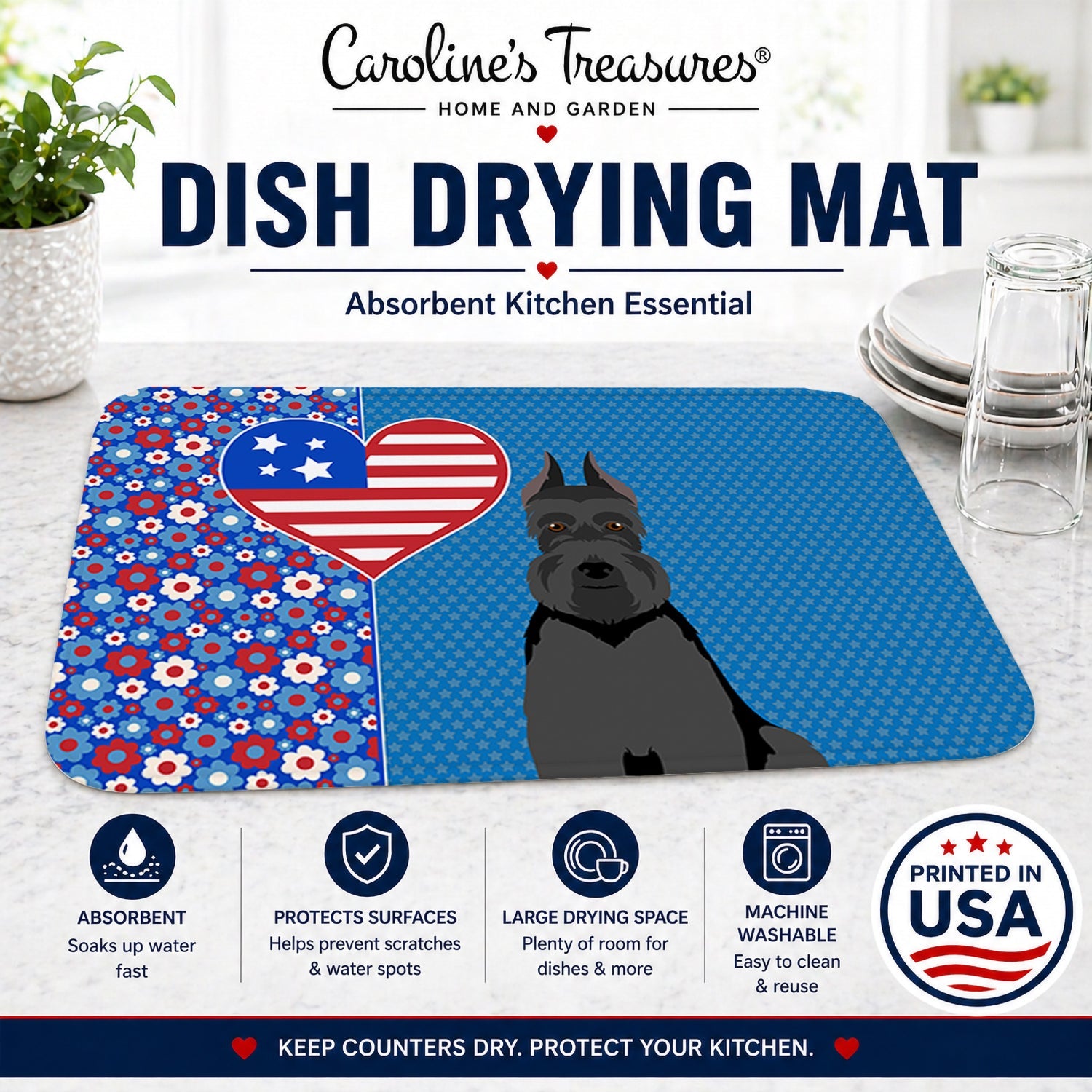 Black Schnauzer USA American Dish Drying Mat Absorbent Dish Drying Mat Pad for Kitchen Counter Dish Drainer Mat for Countertop, 14 x 21", Multicolor
